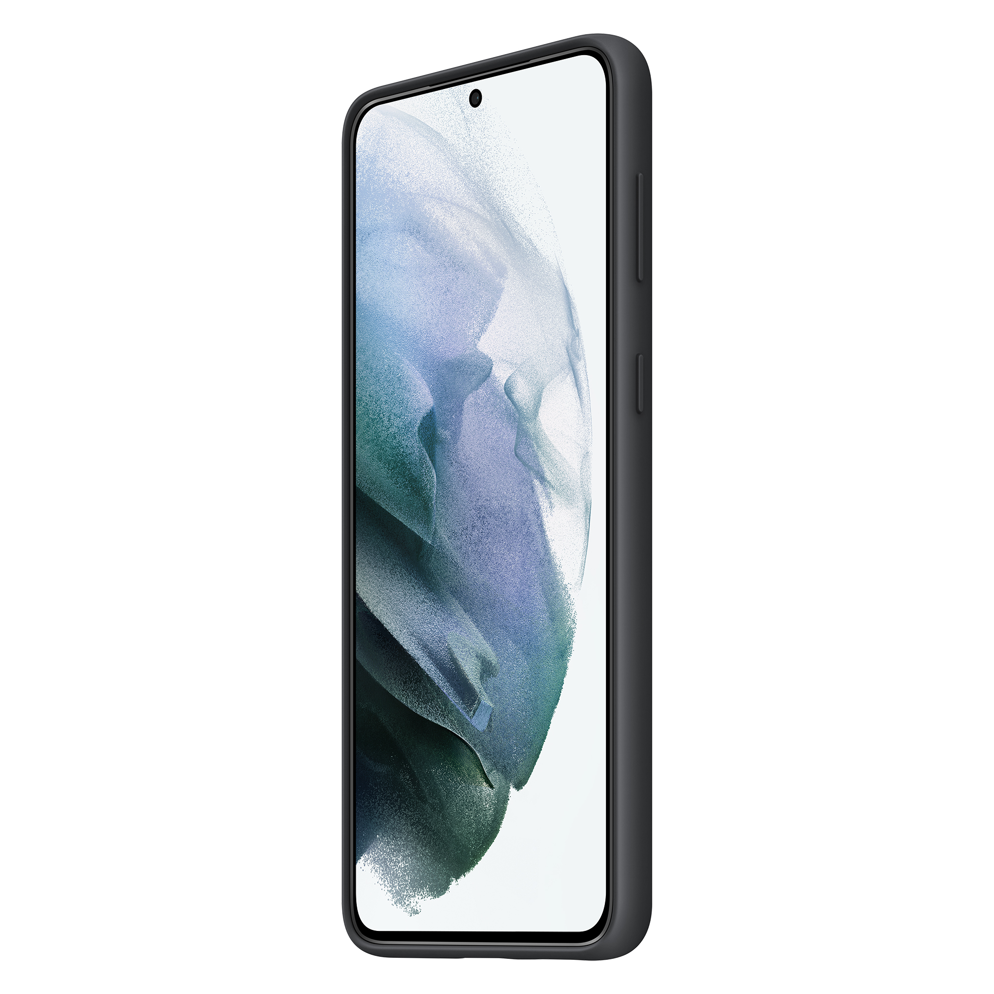 Teléfono negro en una funda negra, con una imagen borrosa en la pantalla.