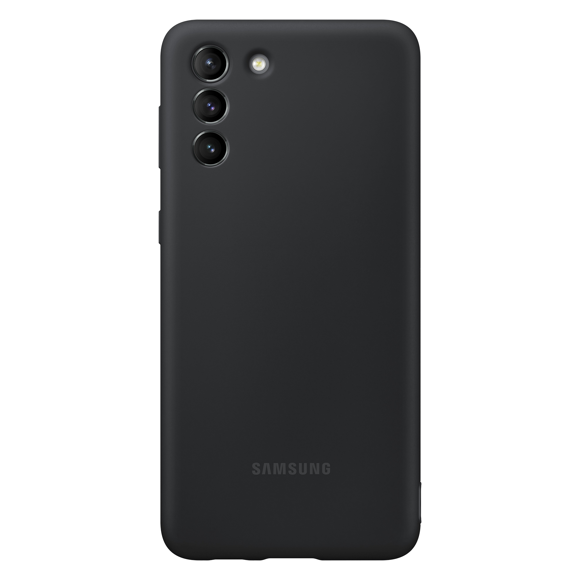 Funda de teléfono negra con tres cámaras y el logo de Samsung. La parte trasera de un teléfono.