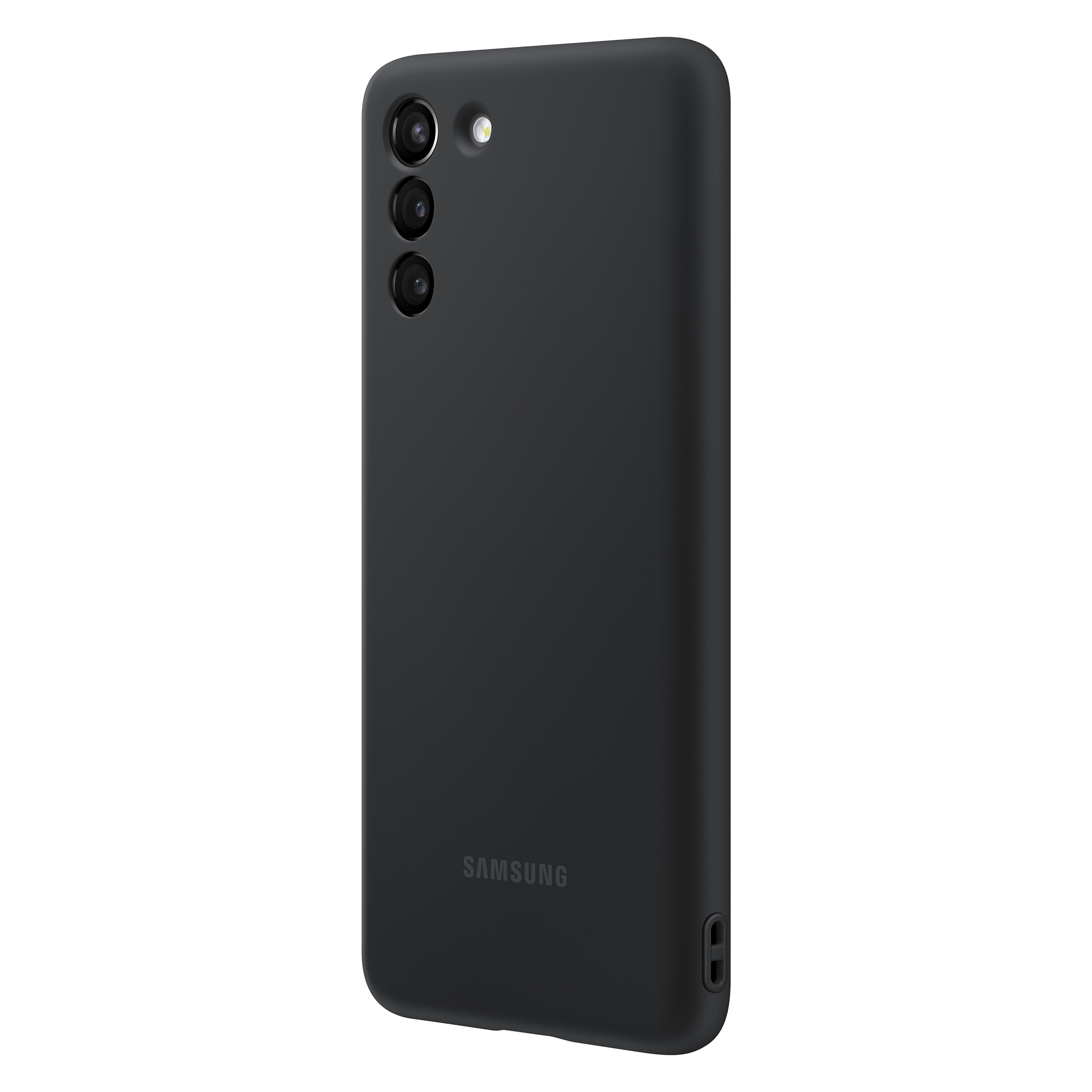 Funda de teléfono negra, tres lentes de cámara en la parte trasera. Logo Samsung abajo, fondo blanco.