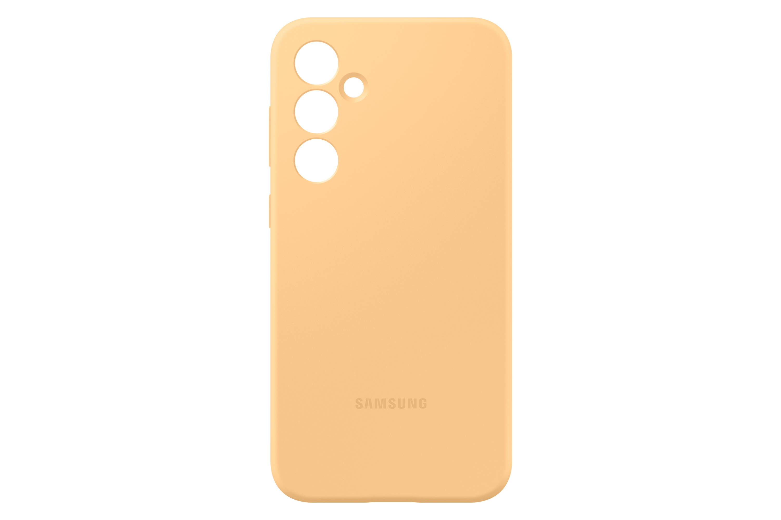 Funda de teléfono naranja claro con recortes para cámara y botones. Logo SAMSUNG.