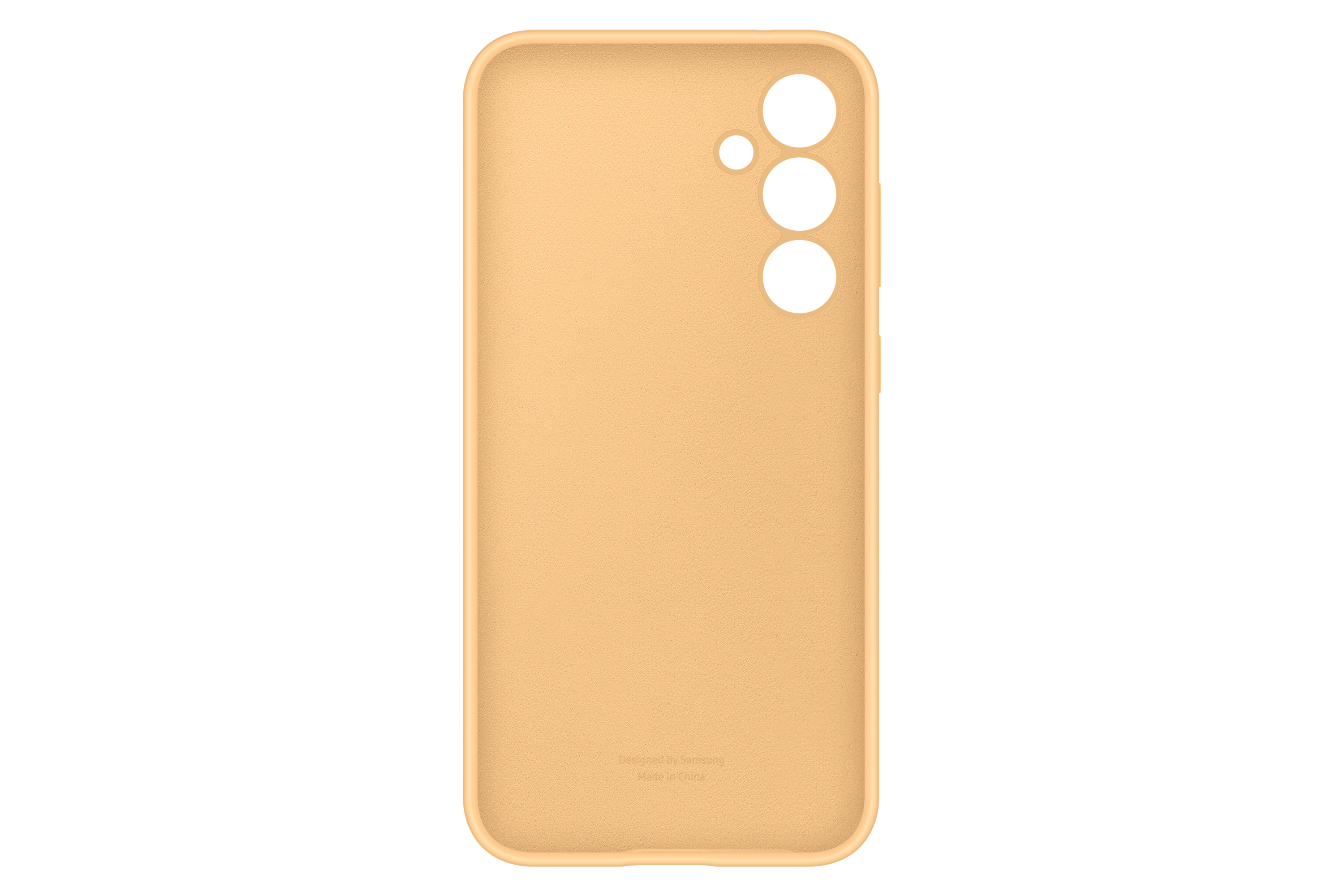 Funda de teléfono naranja claro con tres recortes de cámara en la parte posterior, aislada.