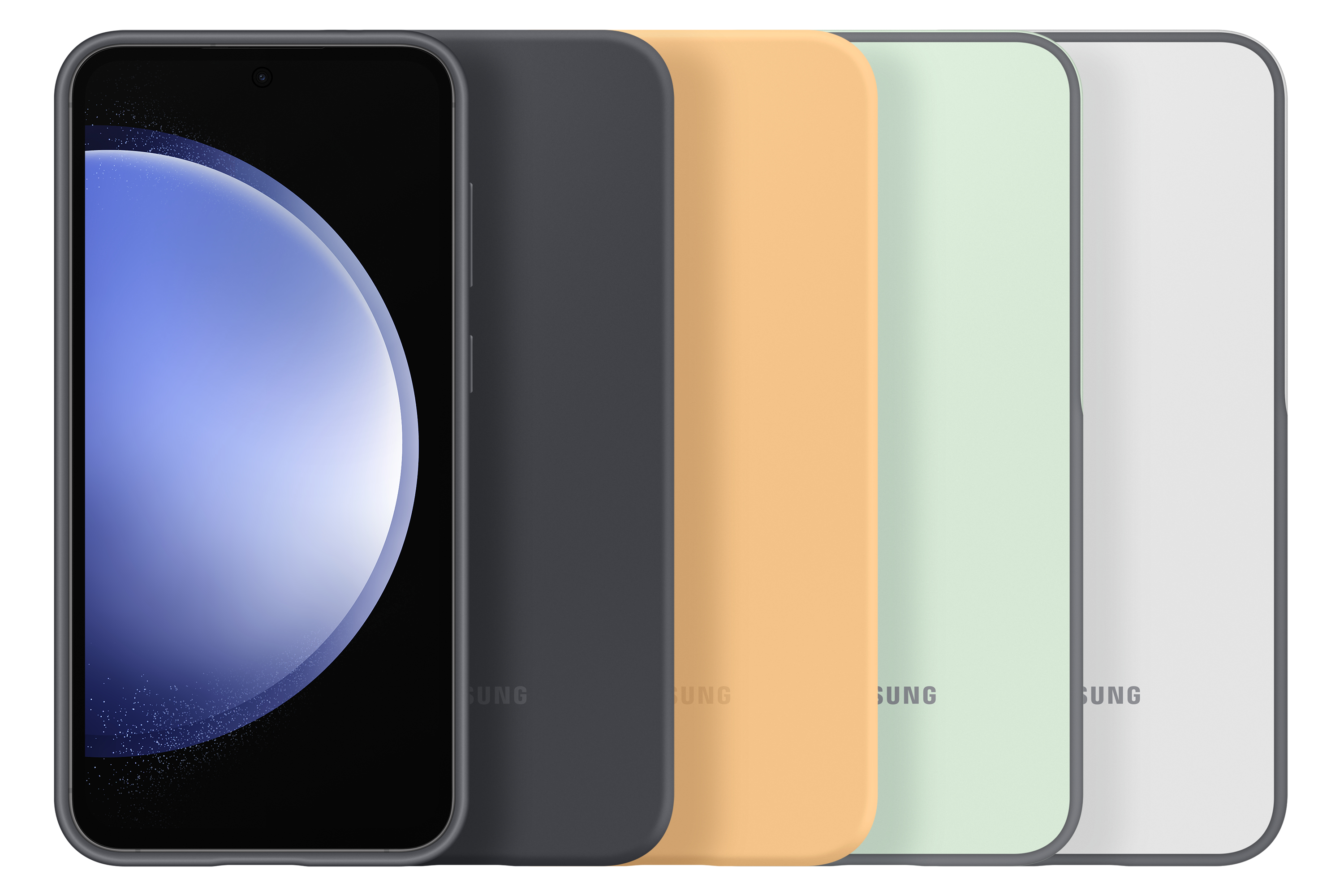 Téléphone et quatre coques de différentes couleurs : noir, orange, vert et blanc.
