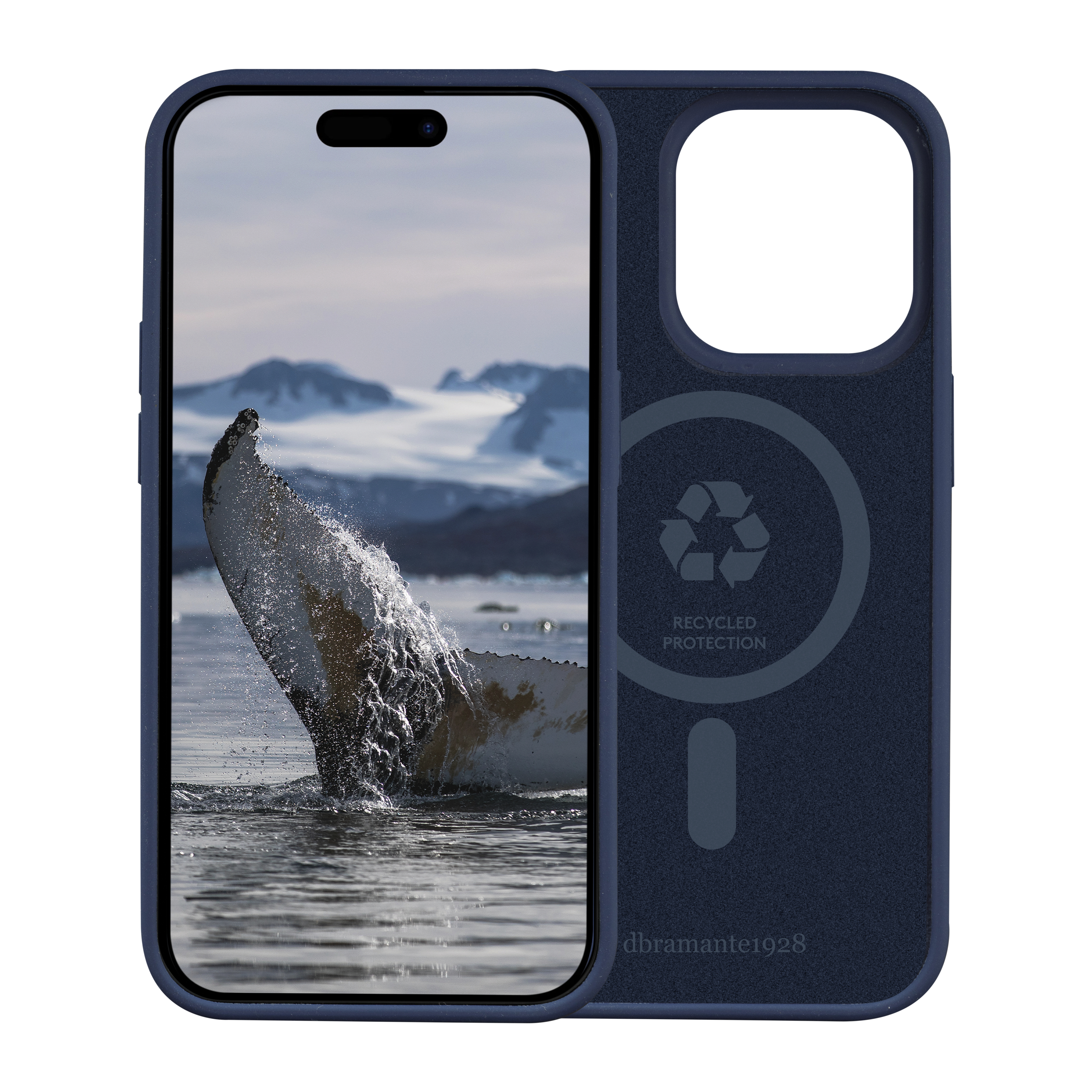 Custodia per telefono con balena che si infrange. La custodia è blu, con coda di balena nell'acqua. Logo di protezione riciclata.