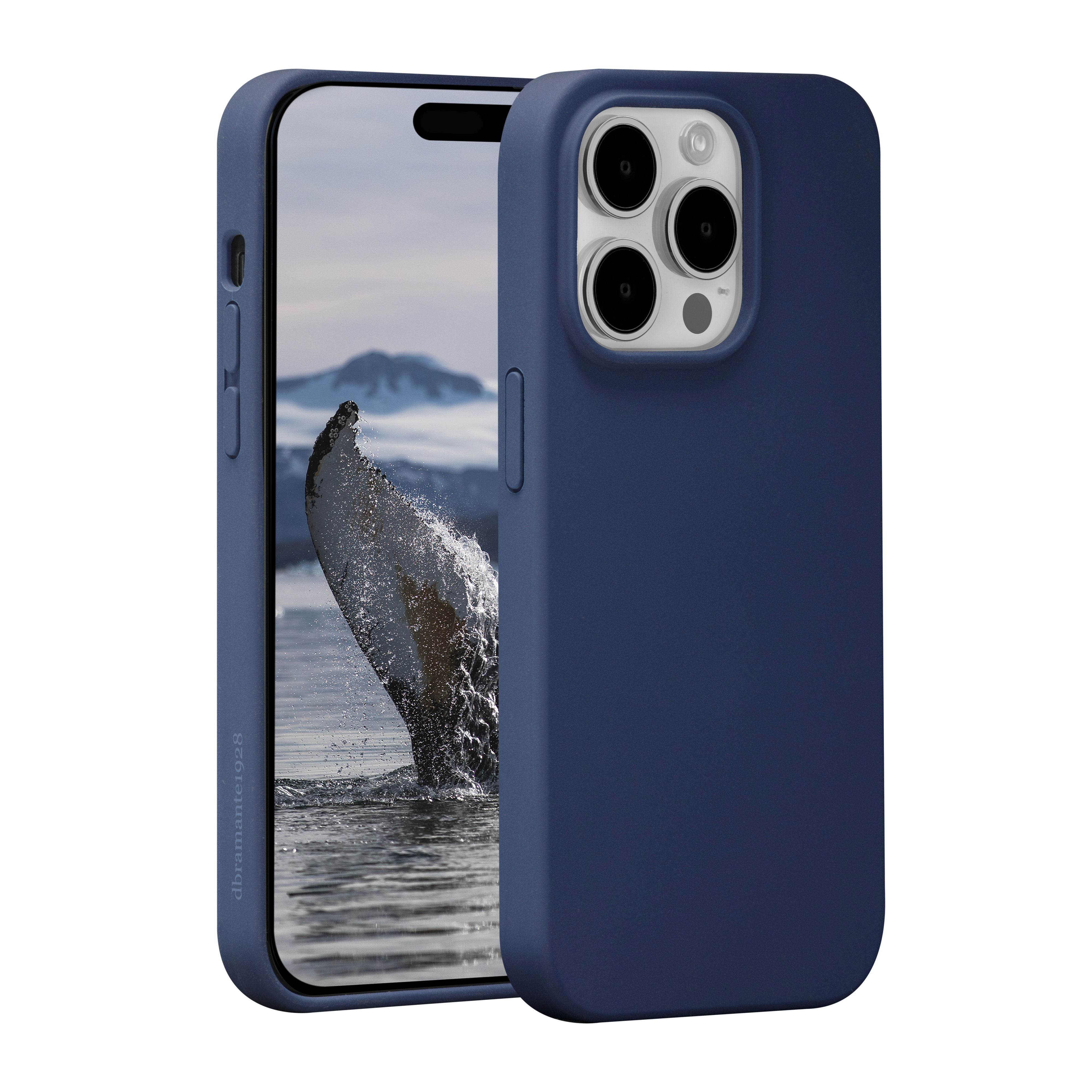 Custodia blu su un telefono. Lo schermo mostra una balena. Sfondo d'acqua.