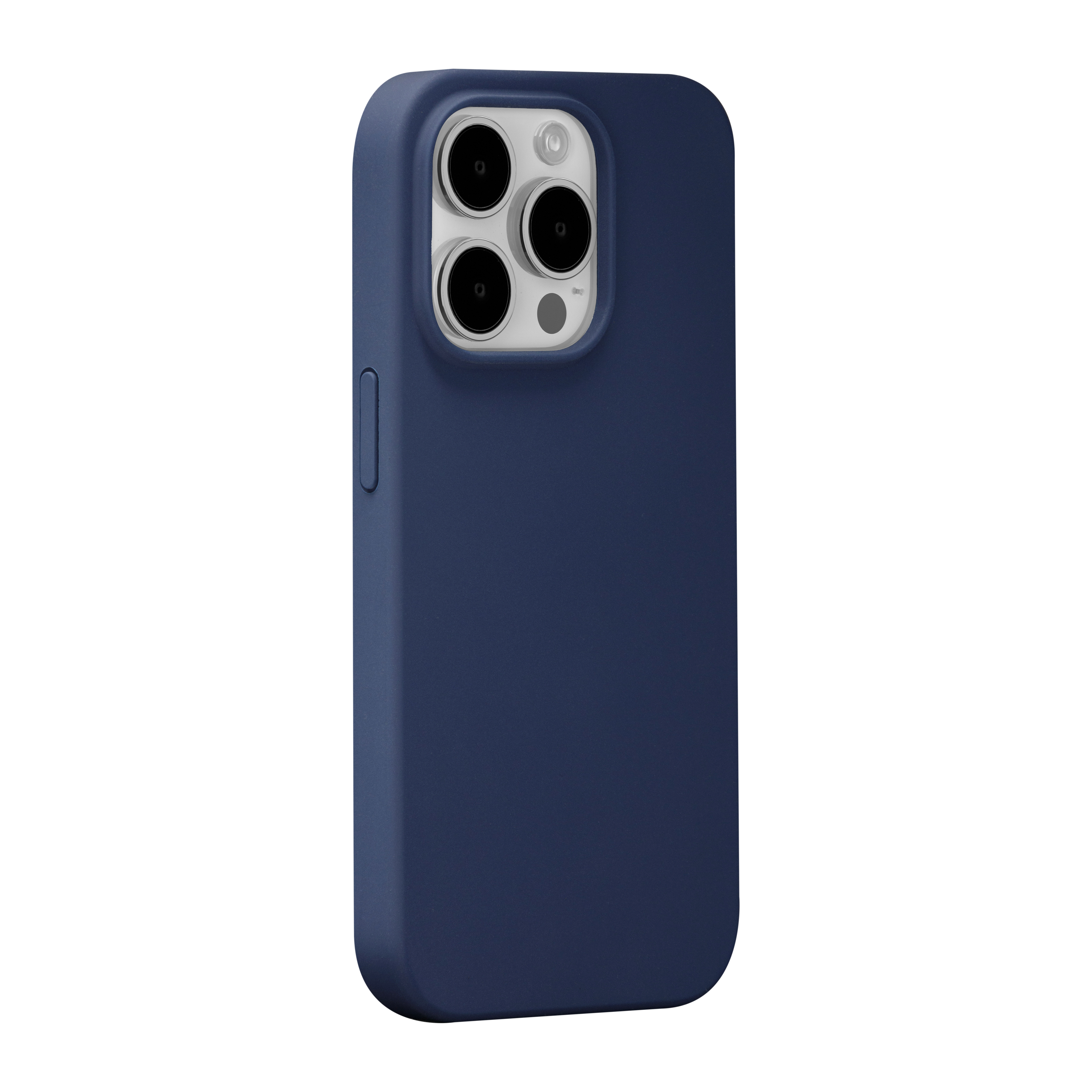 Custodia per telefono blu scuro con ritaglio per fotocamera, isolata su sfondo bianco, design semplice.