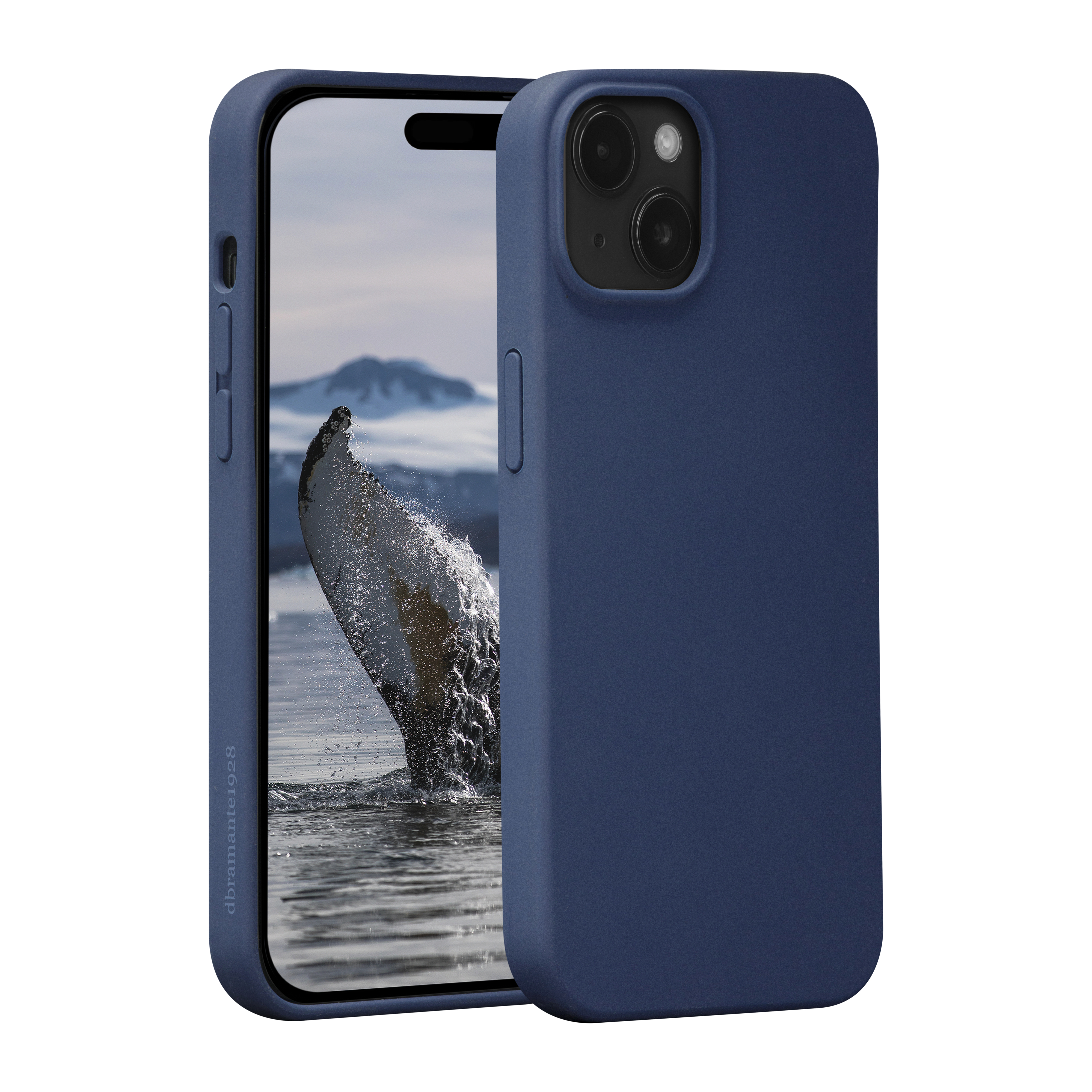 Una custodia blu per telefono su un telefono con un'immagine di balena sullo schermo. La custodia ha ritagli.