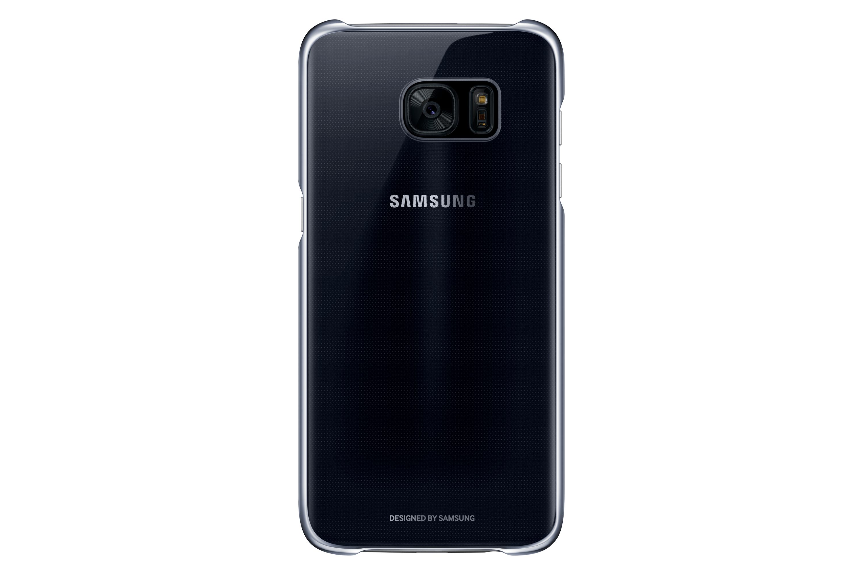 Un telefono Samsung nero con una custodia trasparente. Il telefono è su una superficie bianca, lo sfondo è bianco.
