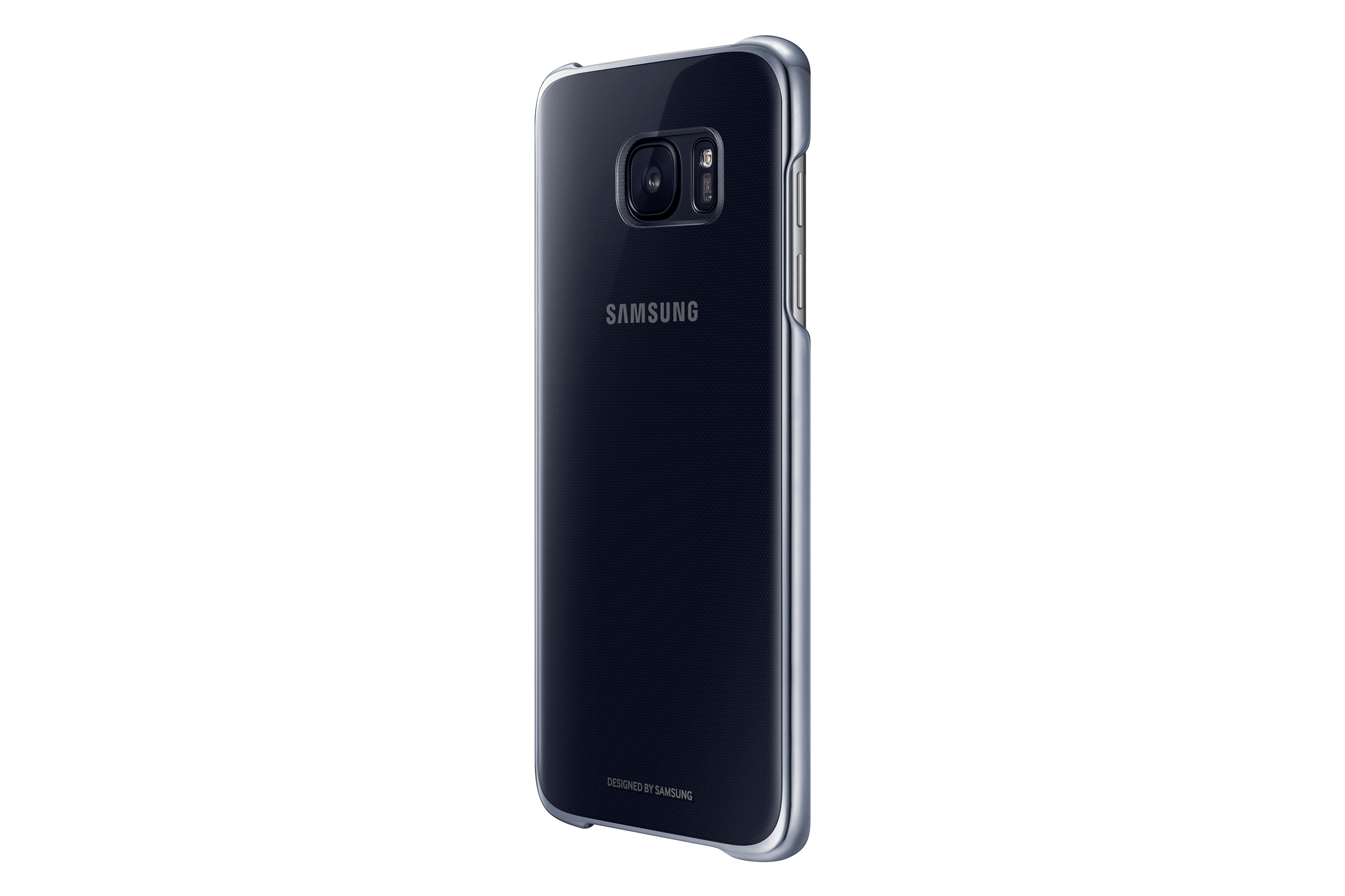 Telefono Samsung con custodia trasparente, vista posteriore. Obiettivo della fotocamera visibile.