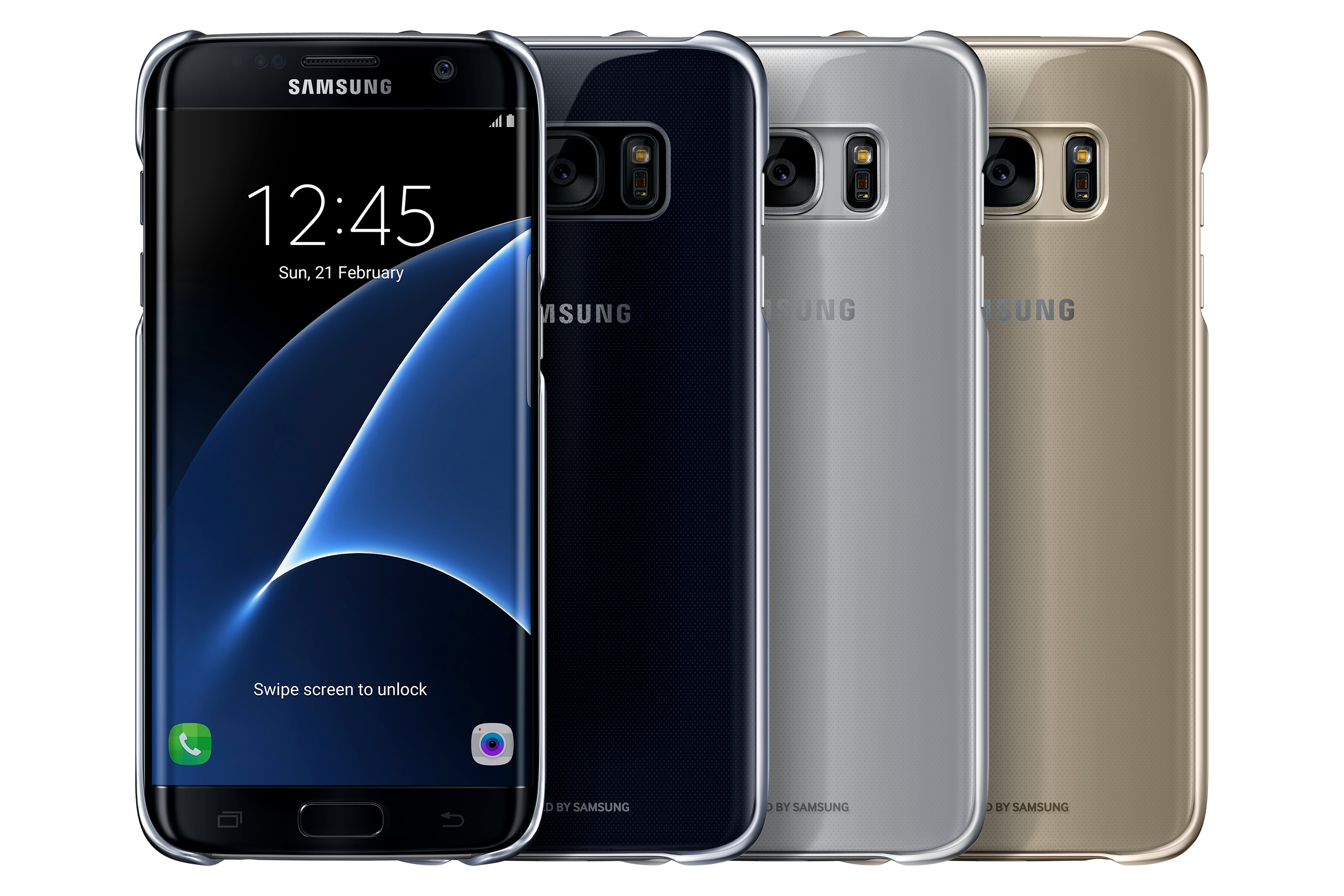 Quattro telefoni Samsung Galaxy S7 in diversi colori: nero, blu, argento, oro.