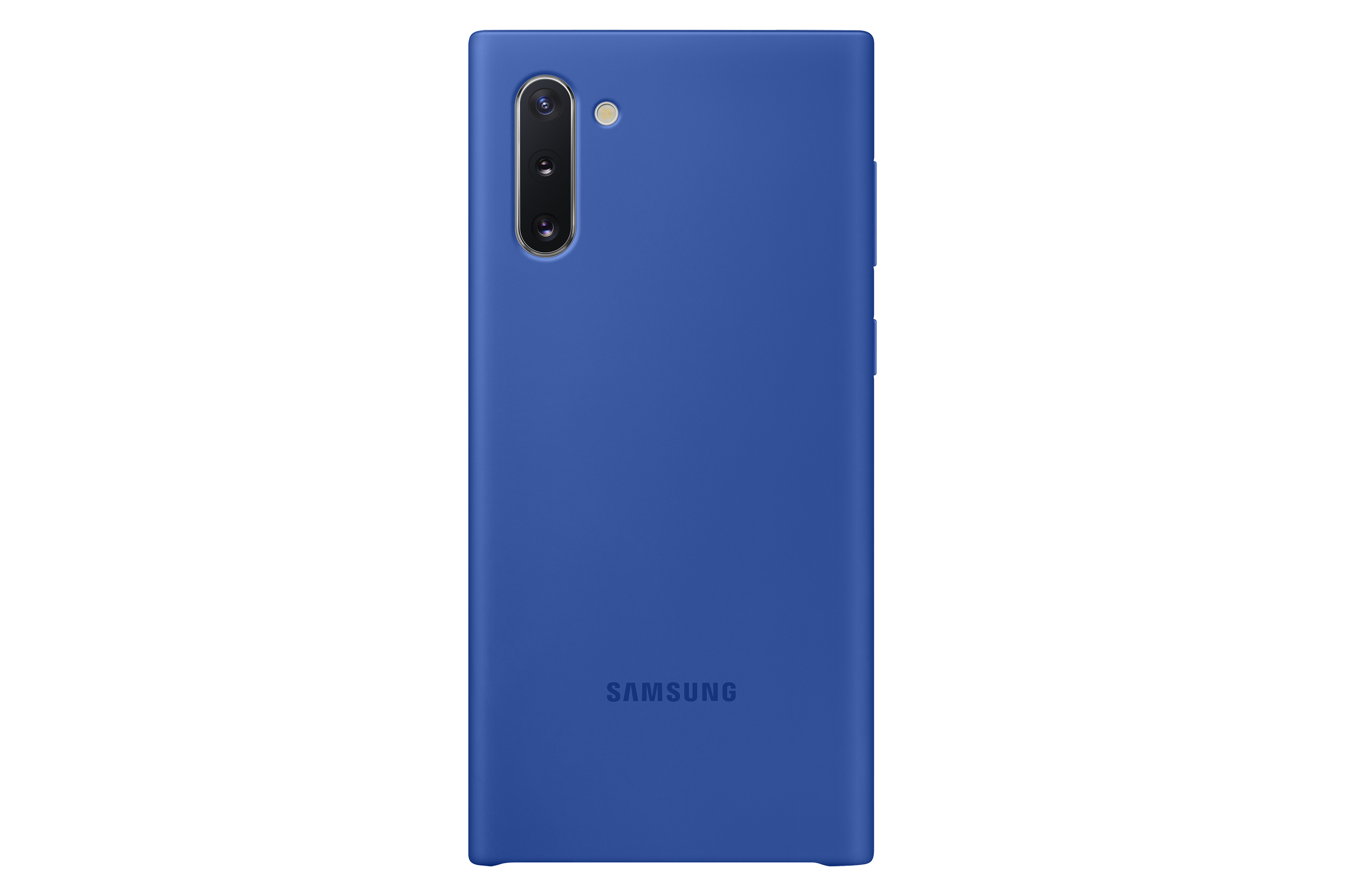 Una funda azul para teléfono con cámara y logo de Samsung, vista trasera.