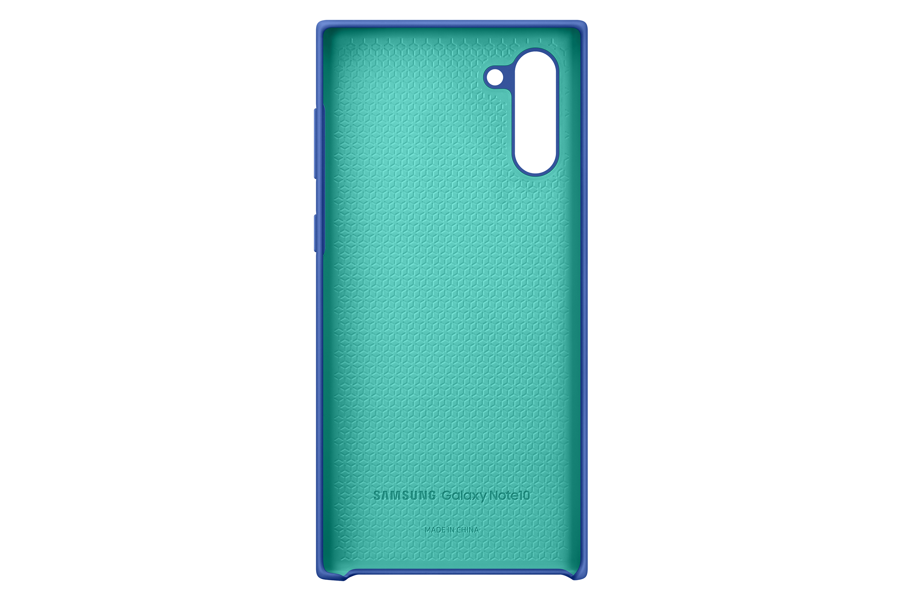 Vista interior de una funda de teléfono. Interior texturizado turquesa con borde azul.