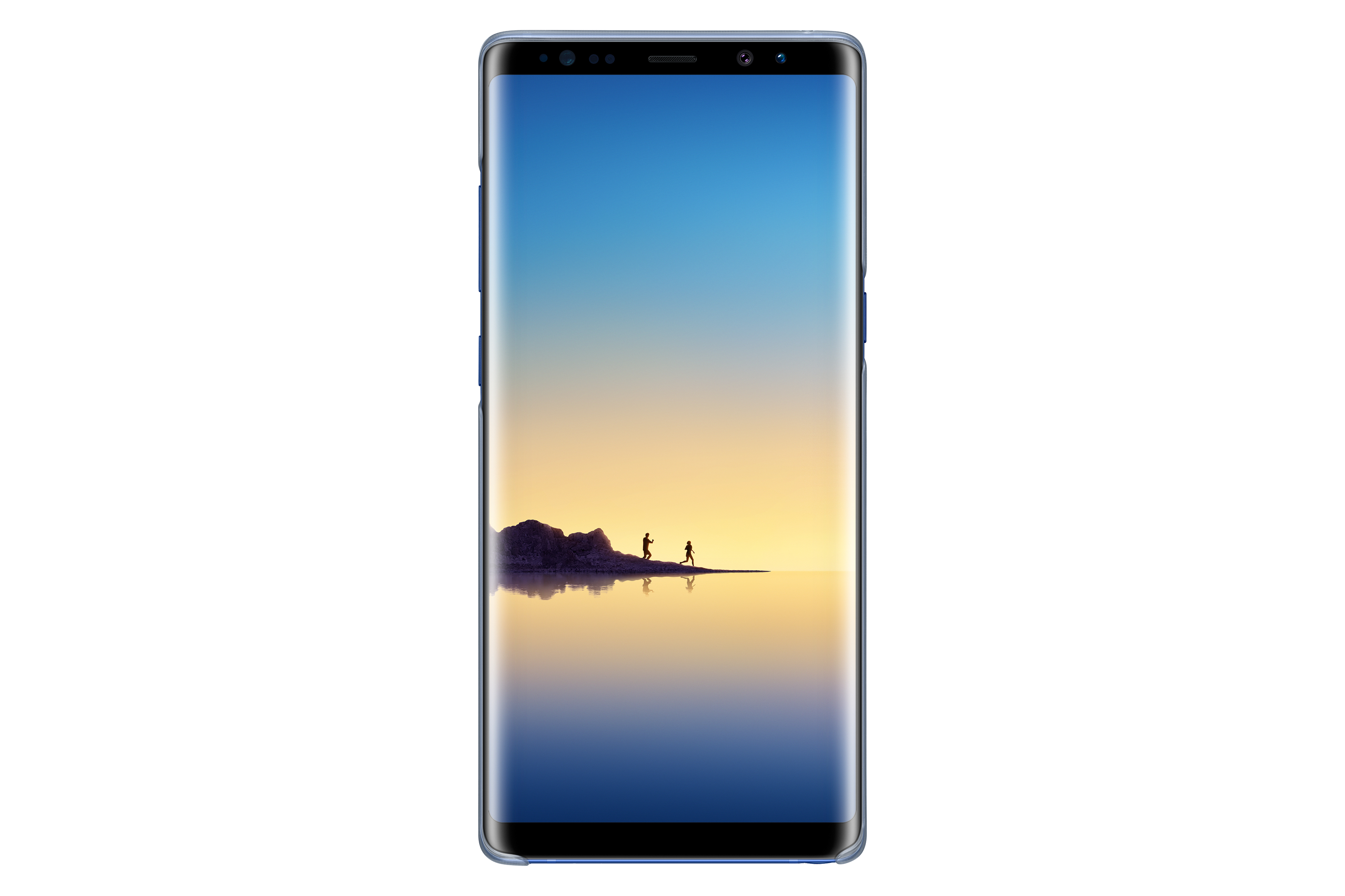 Smartphone con schermo blu. Lo schermo mostra un paesaggio con due persone. Il telefono ha bordi blu.