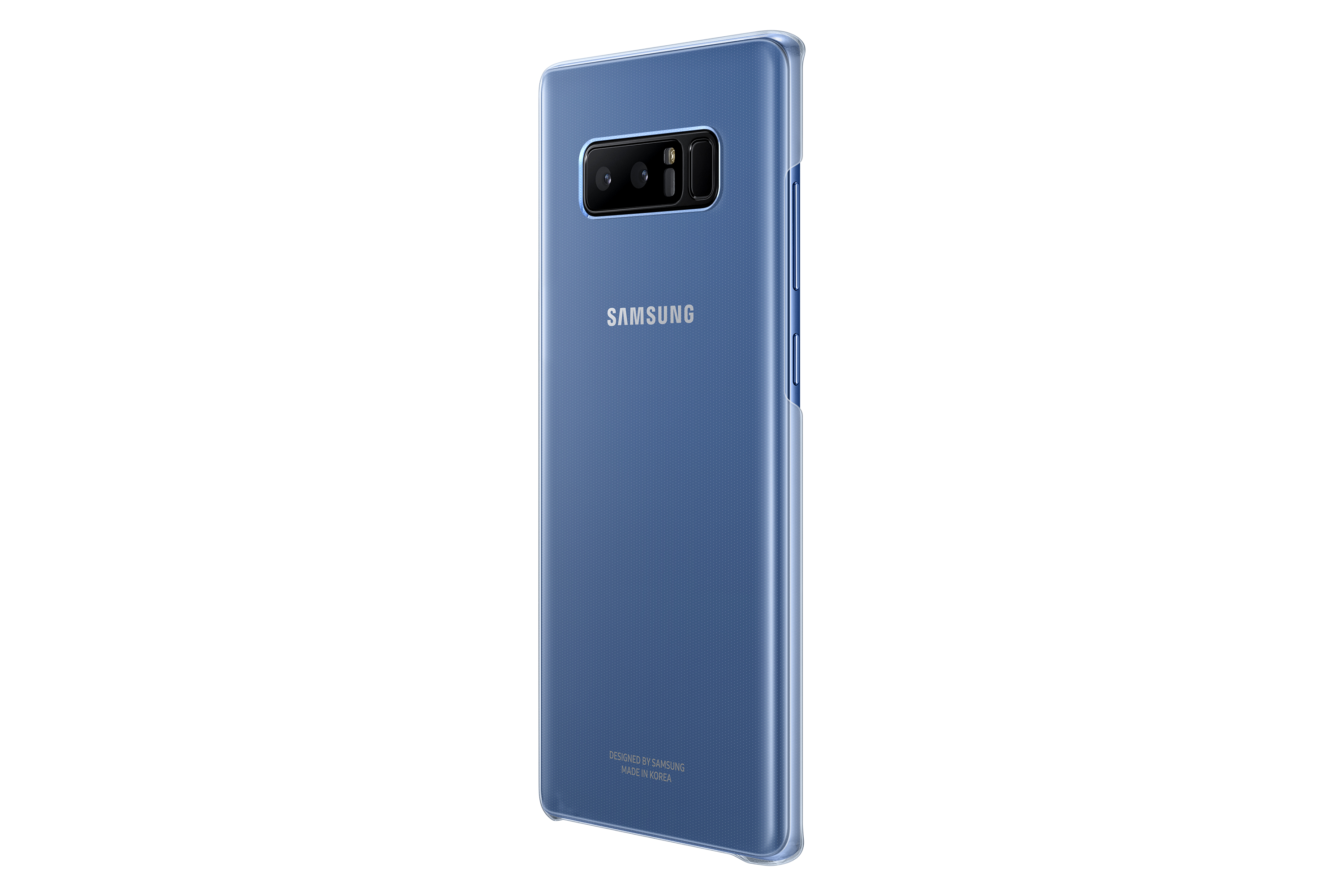 Una custodia blu per telefono con un ritaglio per la fotocamera su sfondo bianco. Logo 'Samsung'.