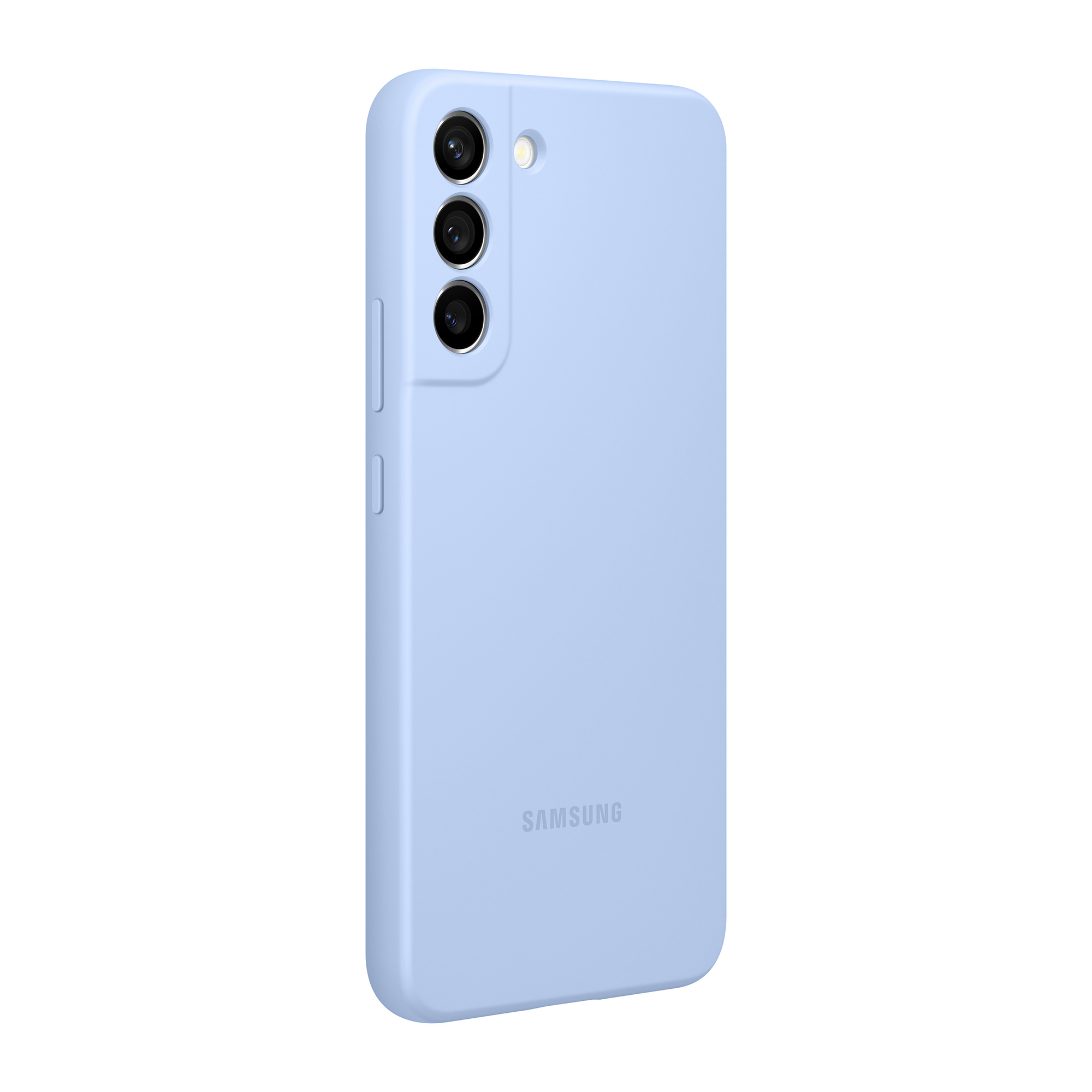 Custodia per smartphone azzurra, vista posteriore, con tre fotocamere e logo.