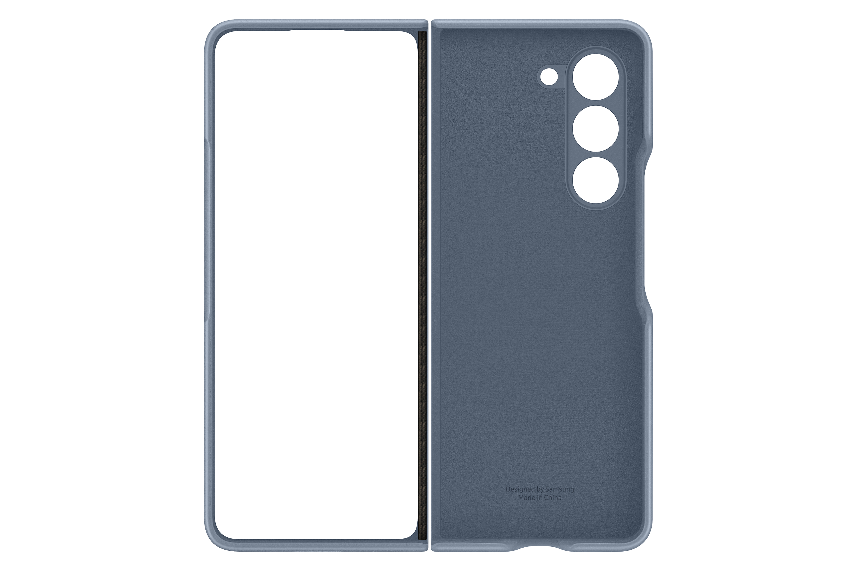 Una custodia per telefono blu, aperta, con schermo del telefono visibile.