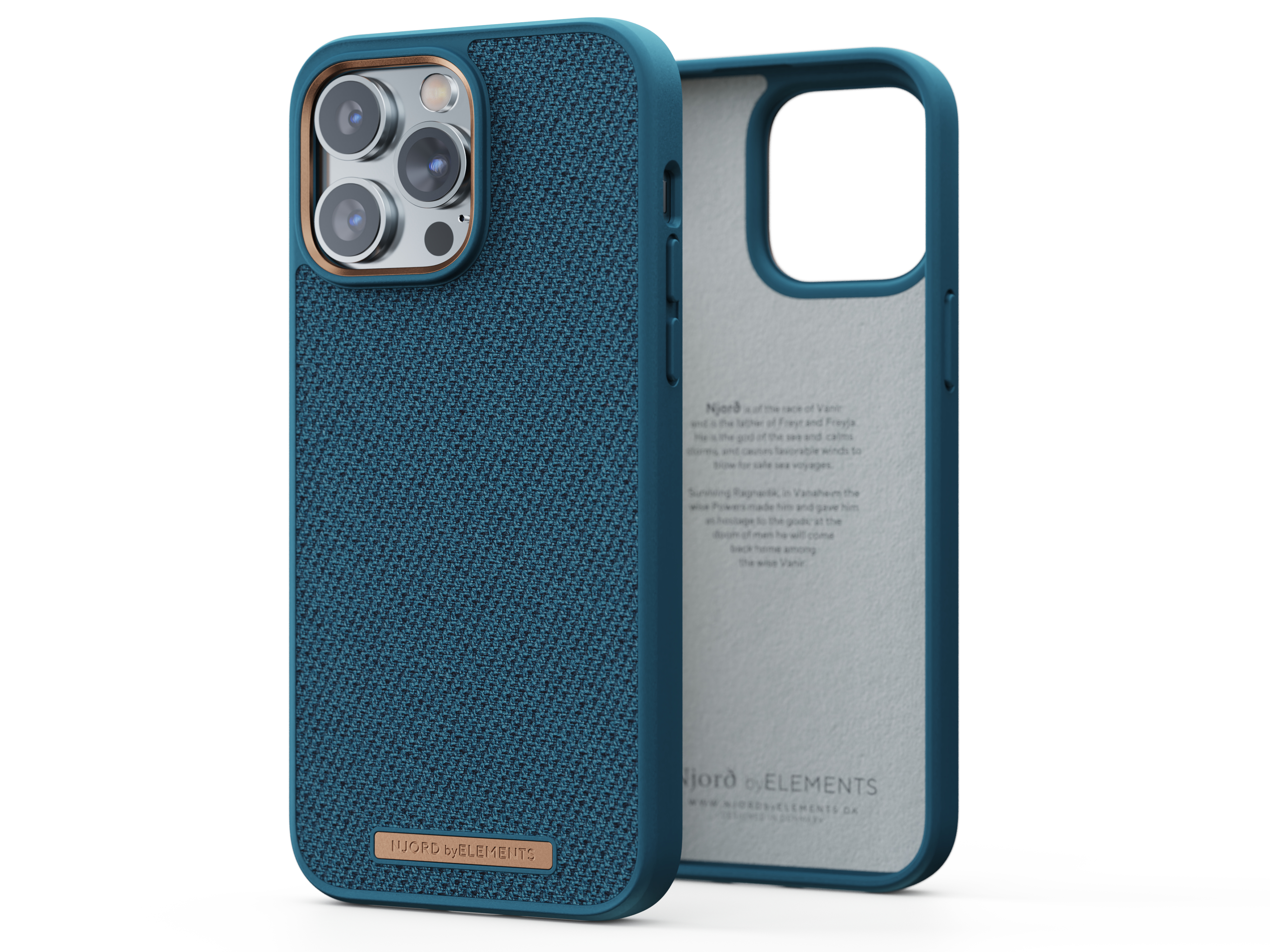Custodia per telefono turchese con retro strutturato, dettagli dorati e lato aperto con interno blu e testo.