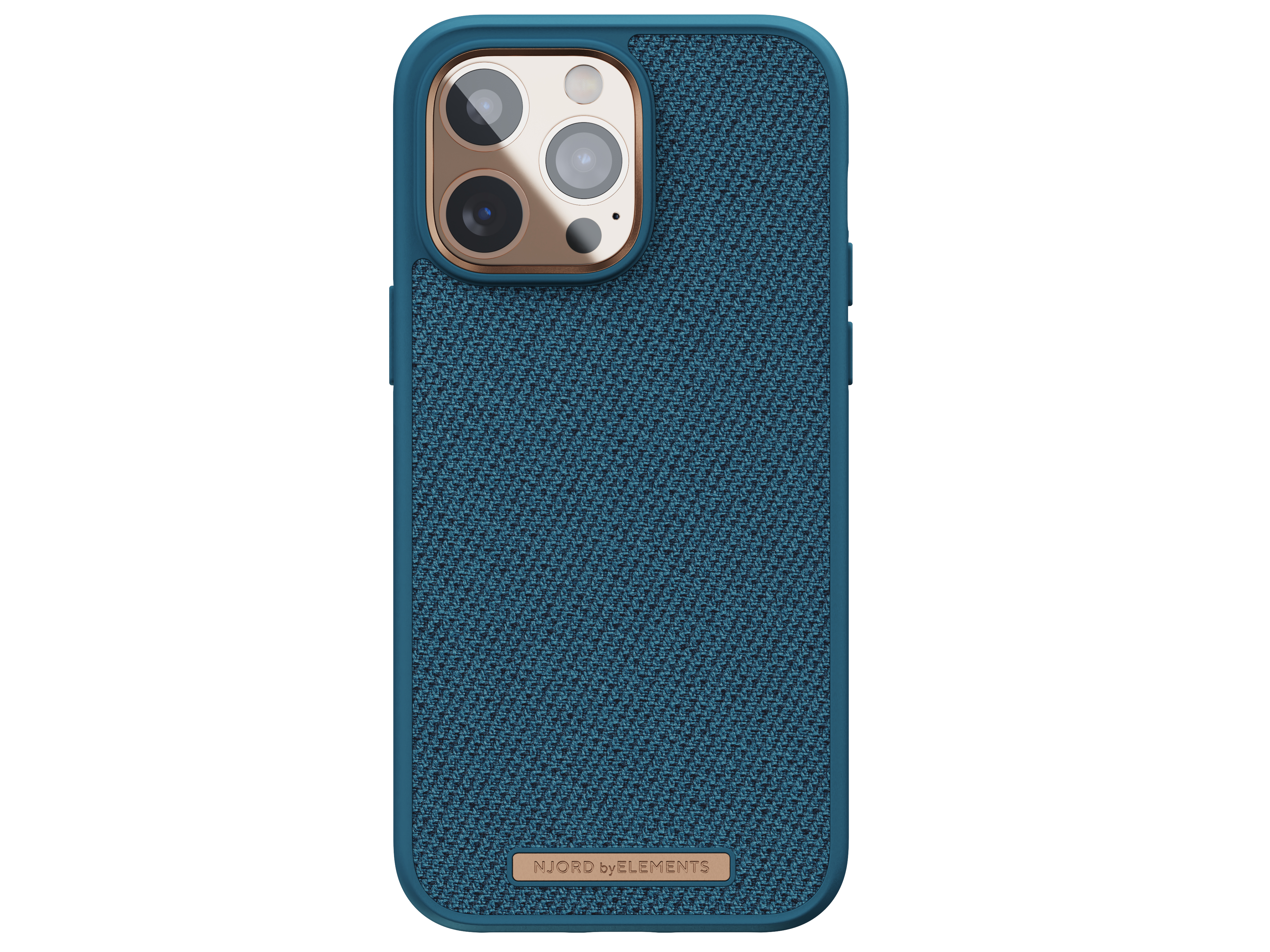Custodia blu per telefono con retro testurizzato. Ha dettagli dorati e un ritaglio per la fotocamera.