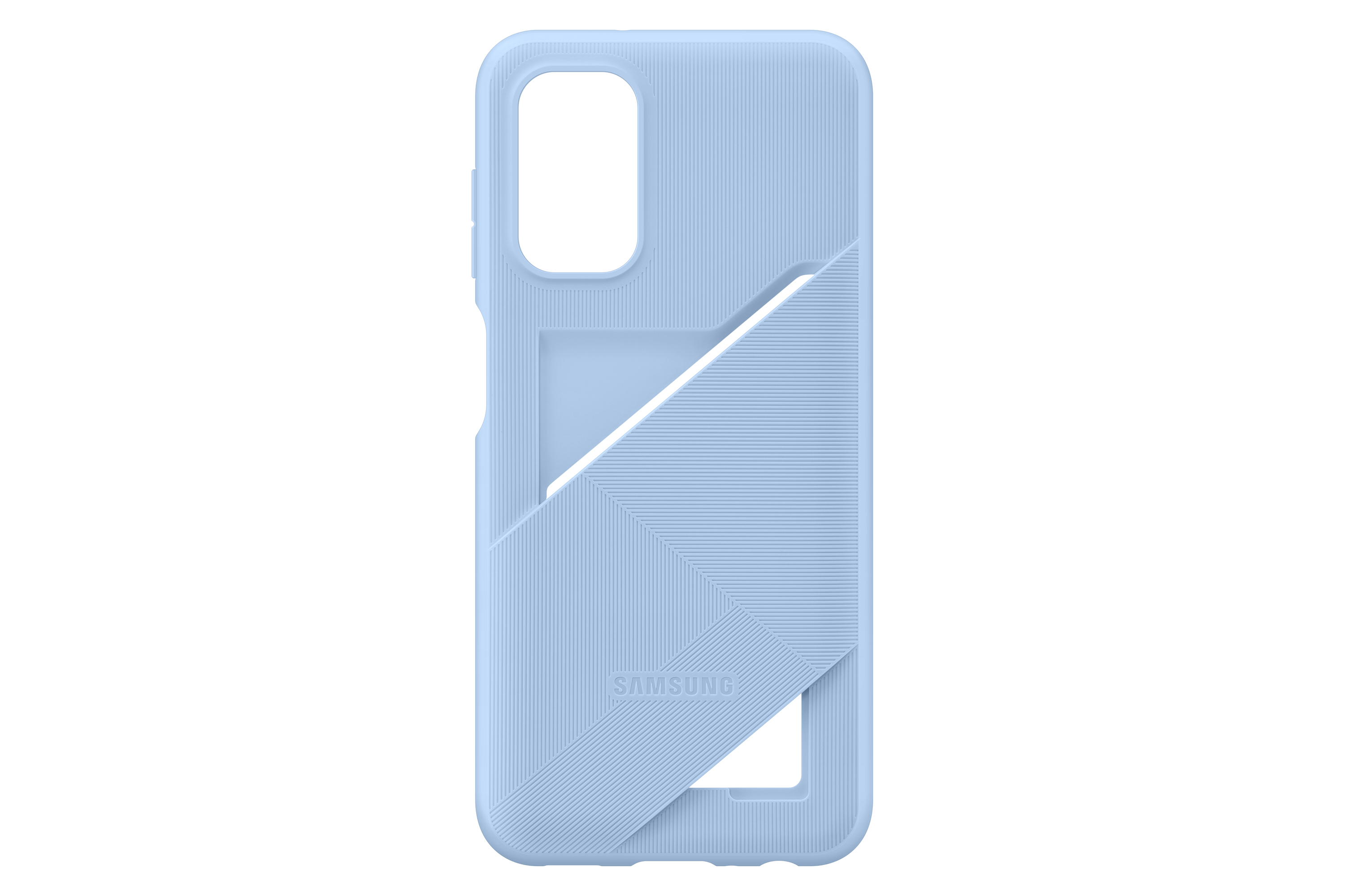 Hellblaue Handyhülle mit Kartenfach. Das Samsung-Logo ist sichtbar.
