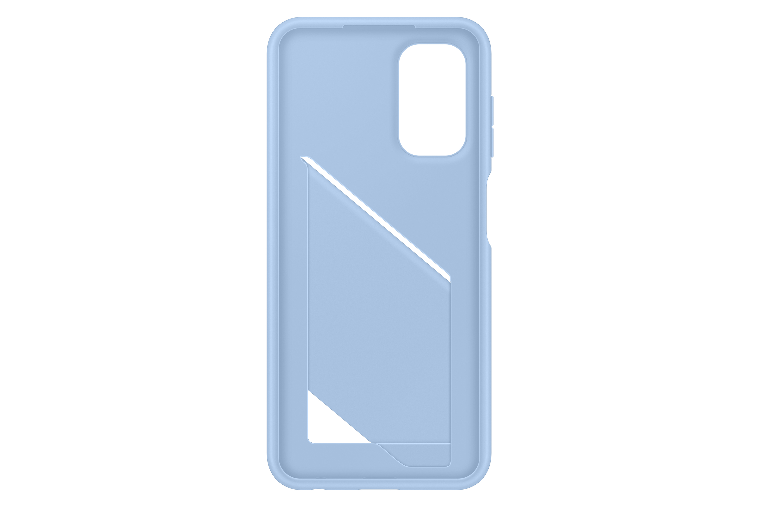 Hellblaue Handyhülle mit einem taschenartigen Ausschnitt auf der Rückseite. Weißer Hintergrund.