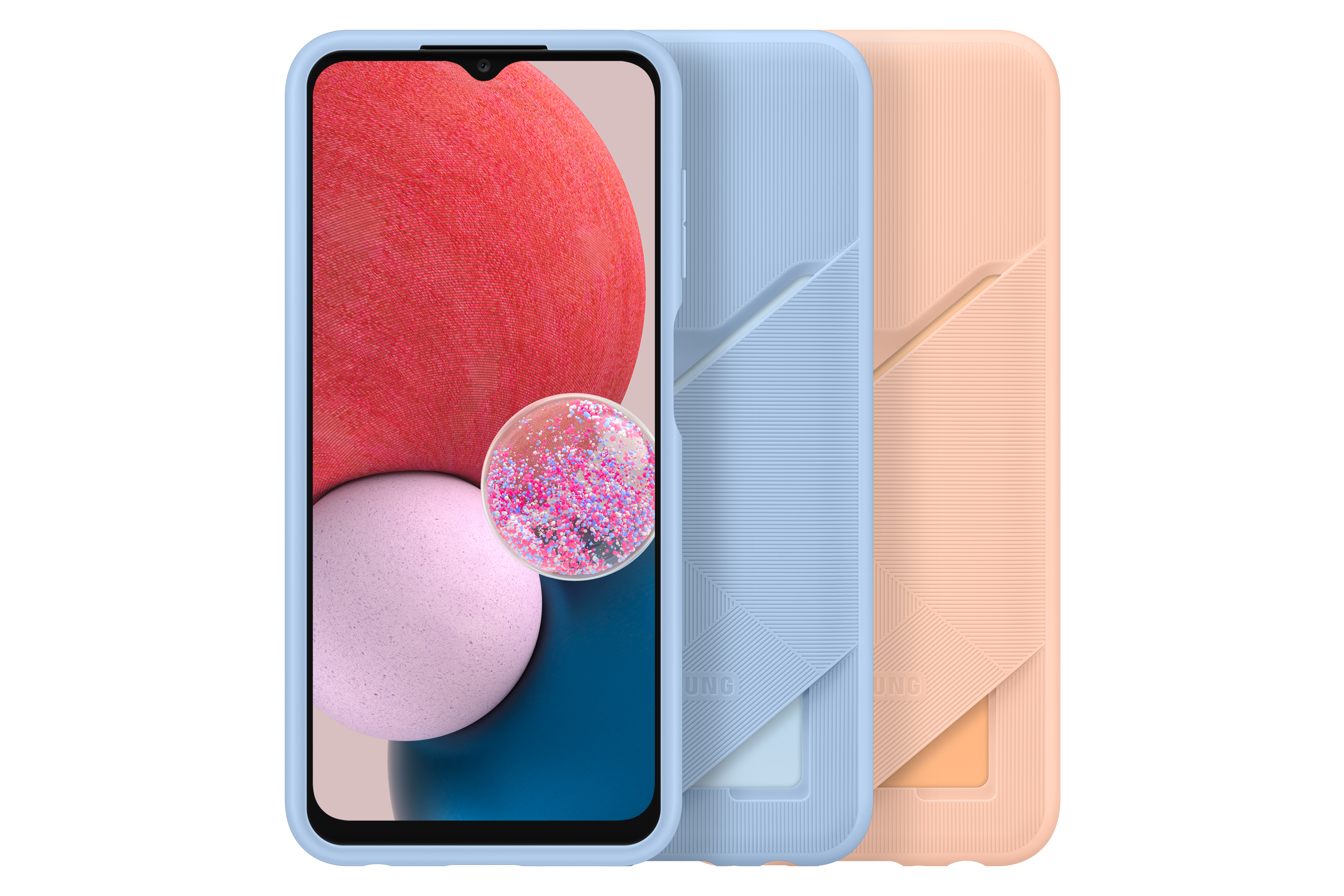 Drei Telefonhüllen in einer Reihe, eine mit einem Telefon. Hellblau, orange und hellblau.