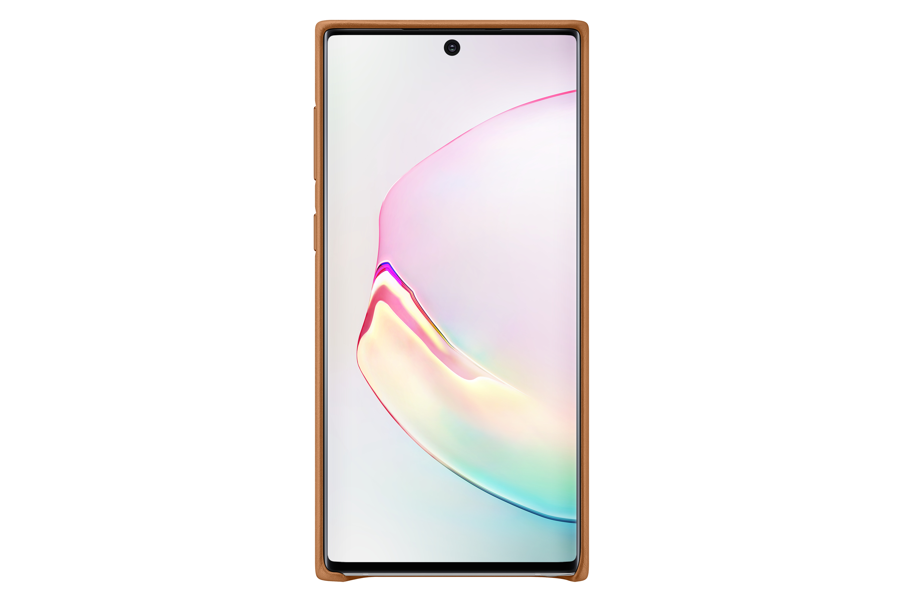 Smartphone en una funda marrón, mostrando la pantalla. Fondo blanco.