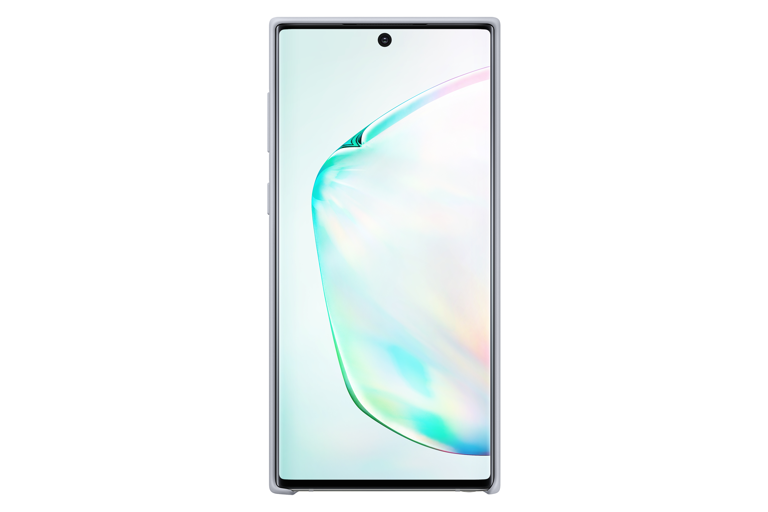 Smartphone con custodia azzurra e schermo con motivo astratto colorato.