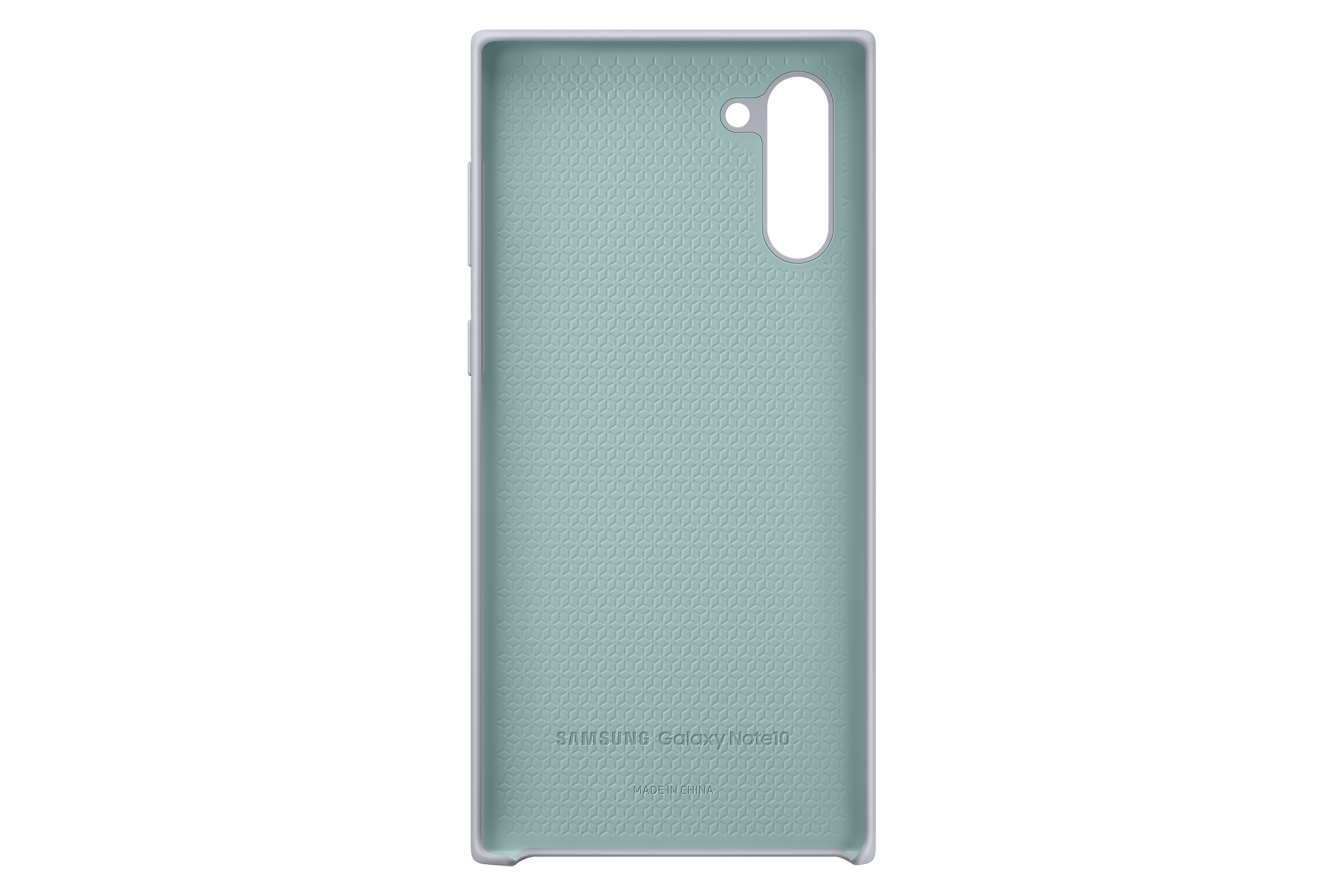 Interno della custodia del telefono verde menta con texture a motivi, sfondo bianco.