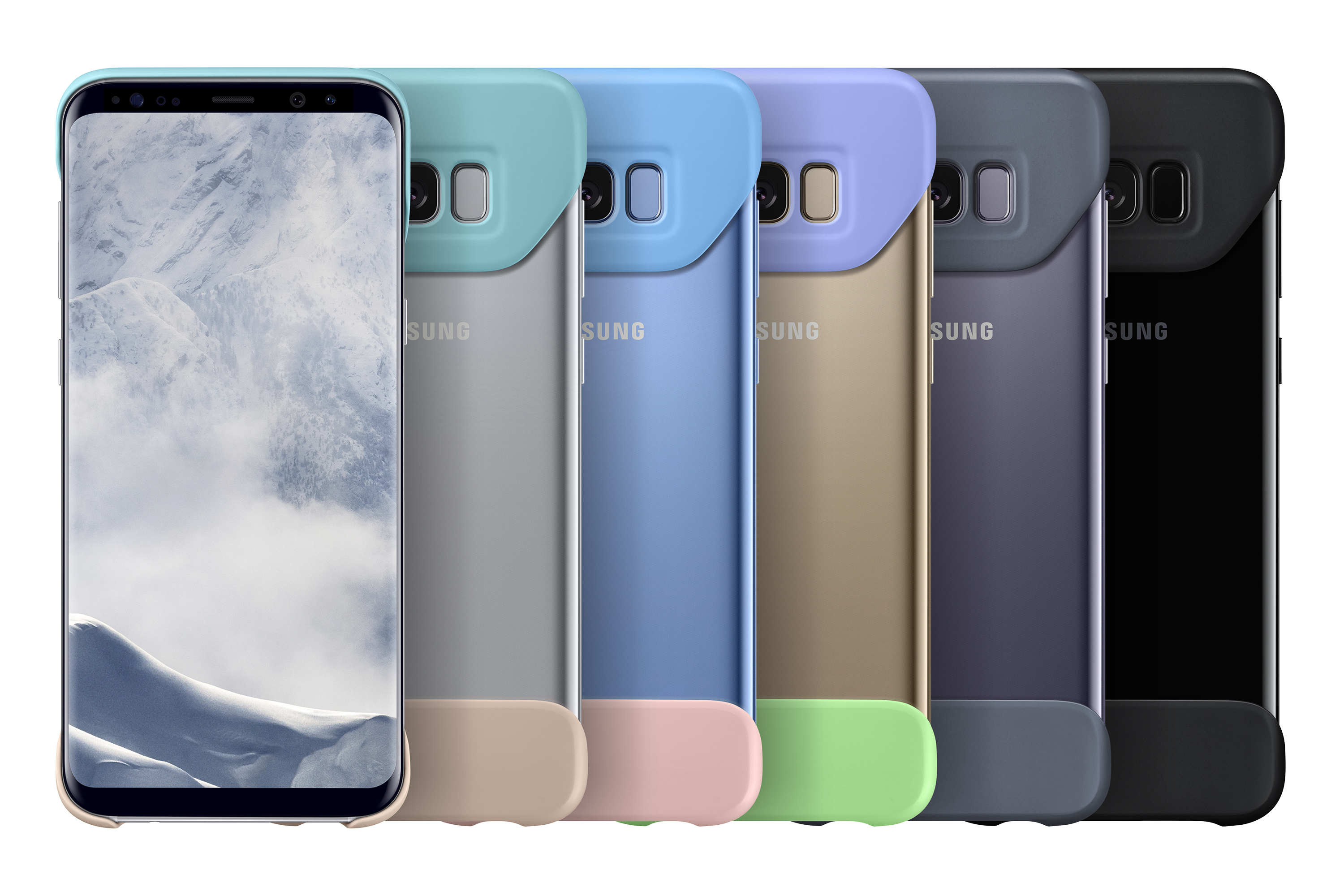 Cinco teléfonos con fundas de diferentes colores, mostrando la parte trasera.