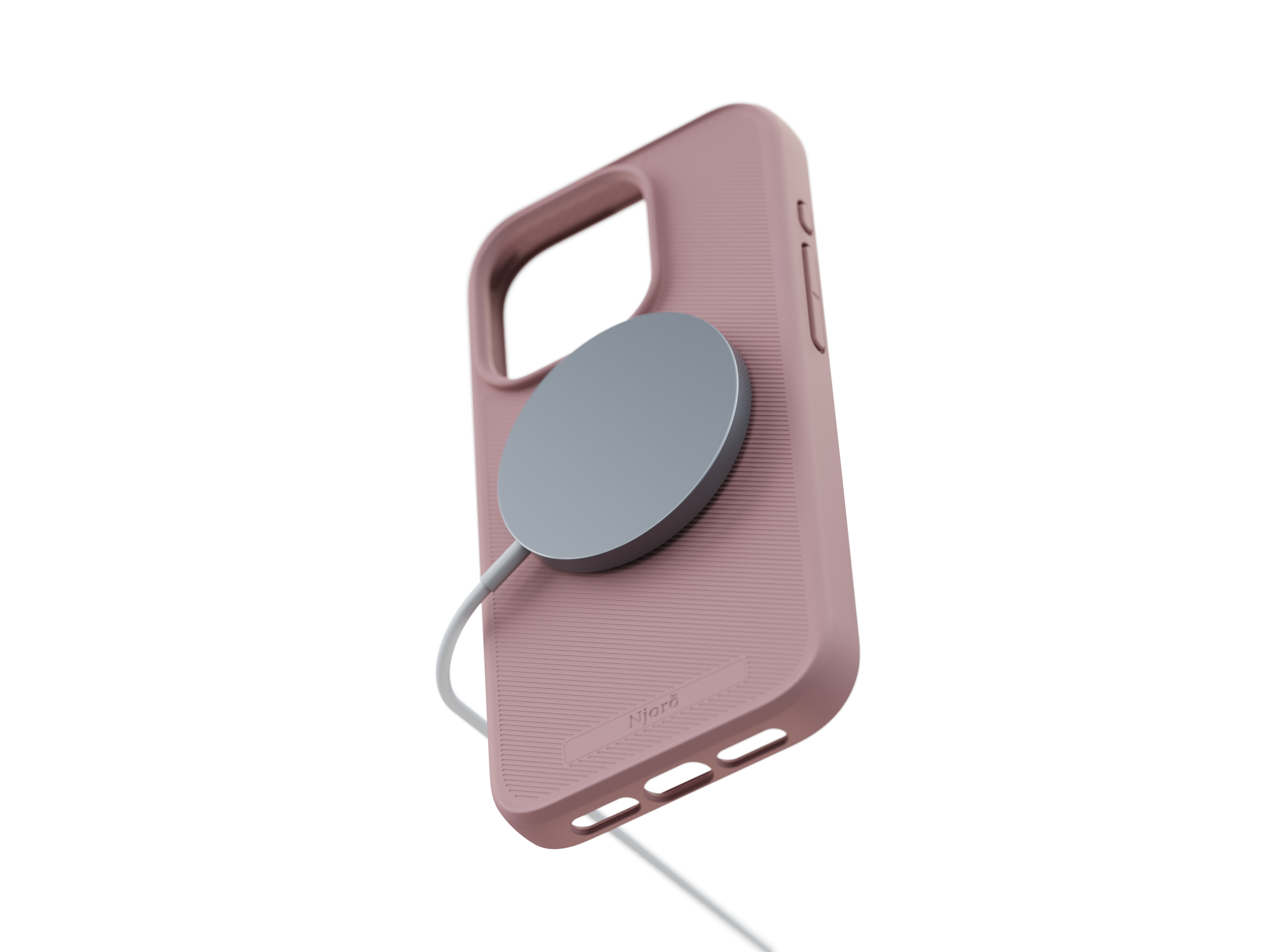 Custodia rosa con caricatore MagSafe grigio collegato tramite cavo. Sfondo bianco.