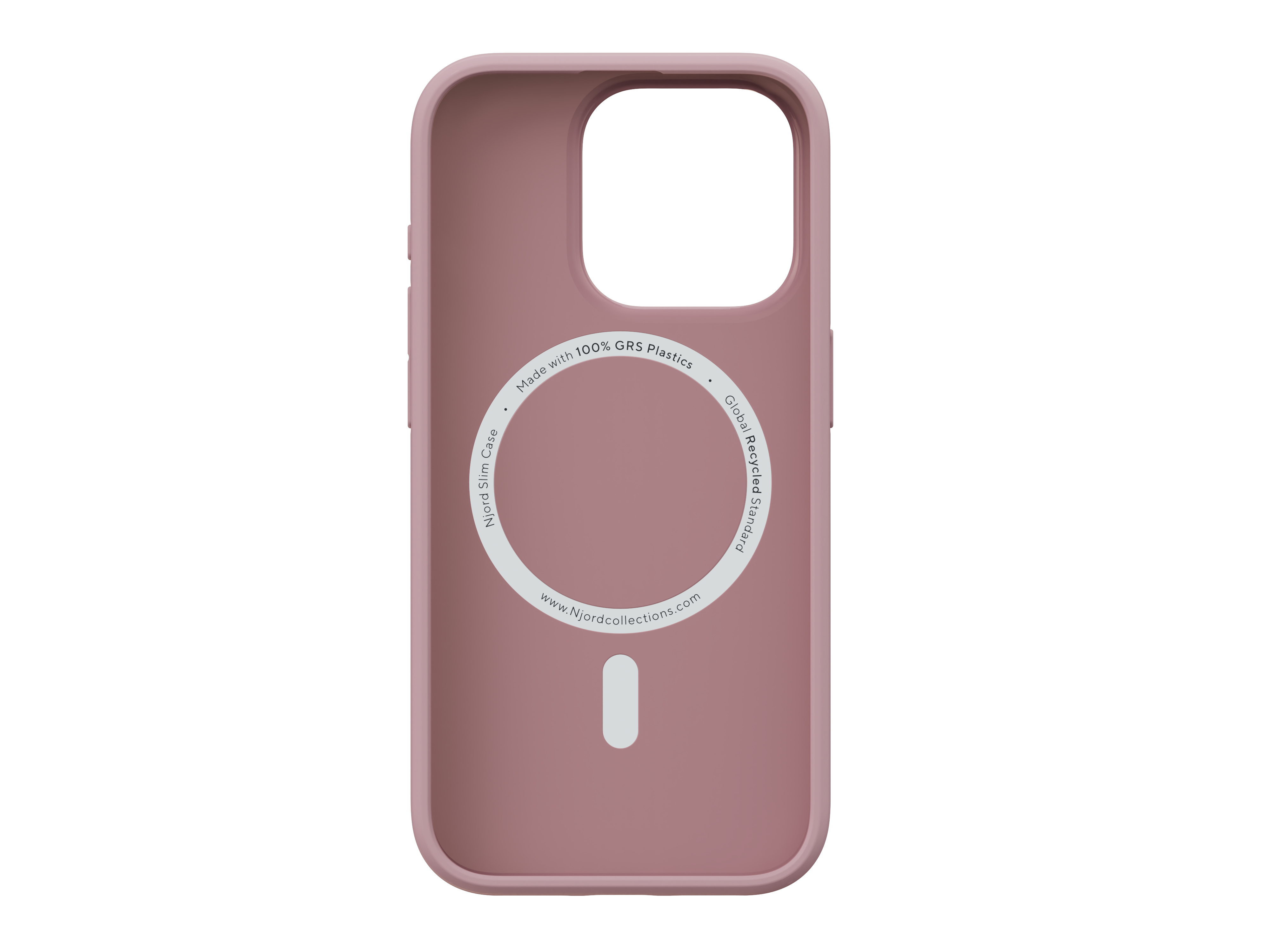 Una custodia rosa per telefono con un cerchio bianco e uno spazio negativo per la fotocamera.