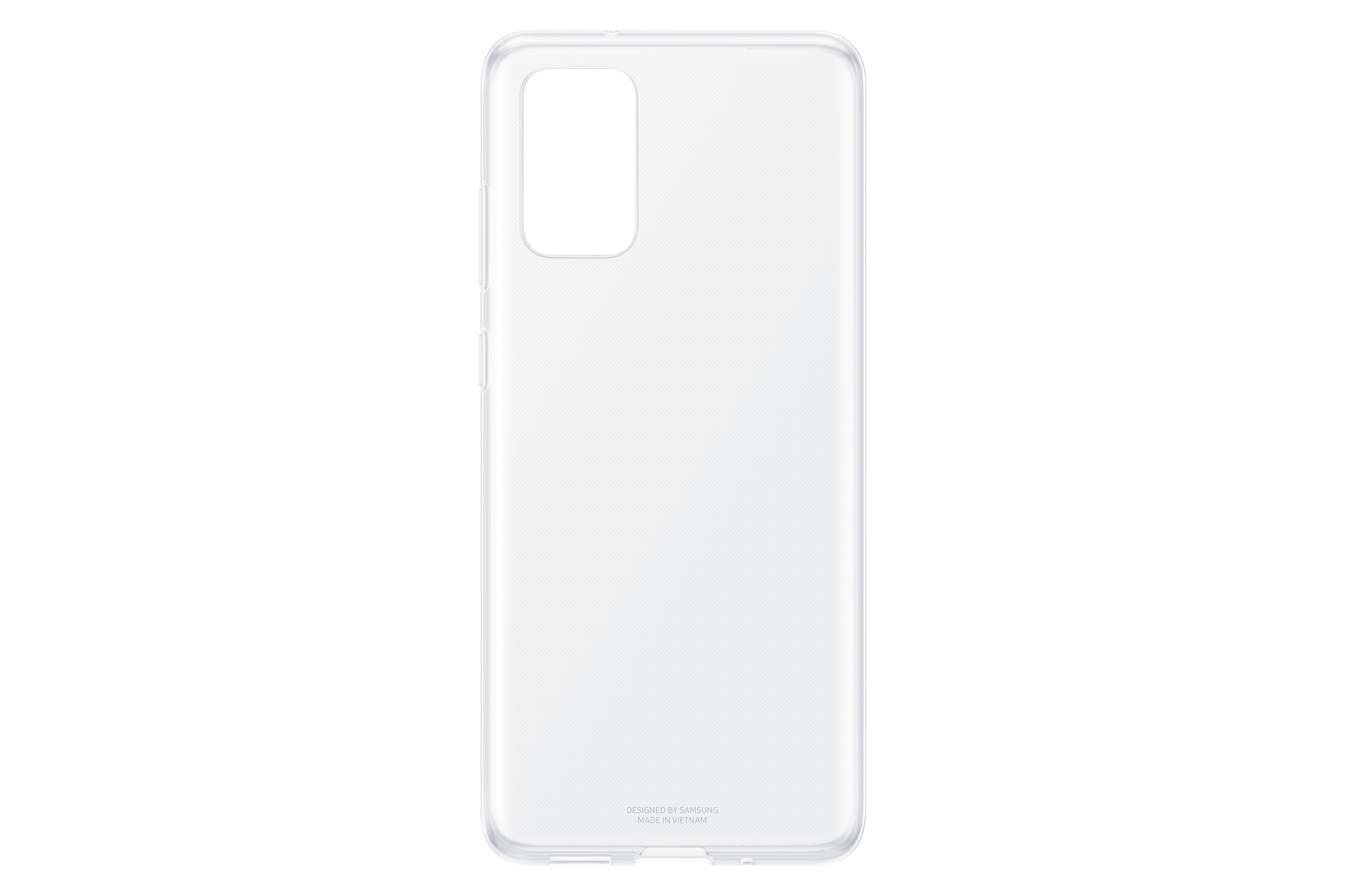 Funda transparente para teléfono. Forma rectangular, con recorte para cámara.