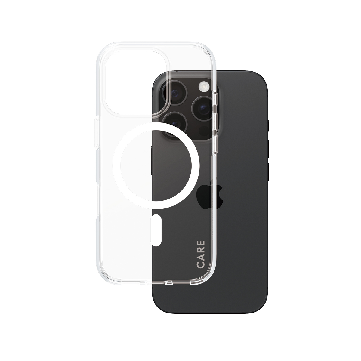 Schwarzes Telefon und Hülle. Das Telefon ist in einer durchsichtigen Hülle. Die Rückseite des Telefons ist sichtbar. Weißer Hintergrund.
