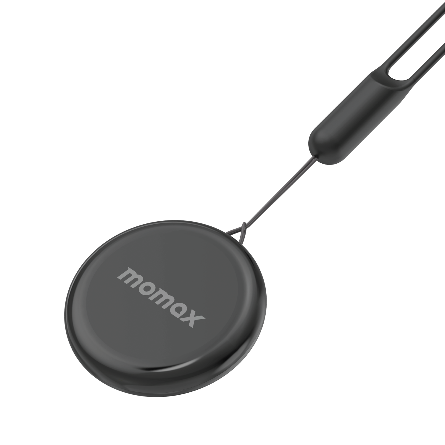 Black, round Momax tracker with a string attached, on a black background.