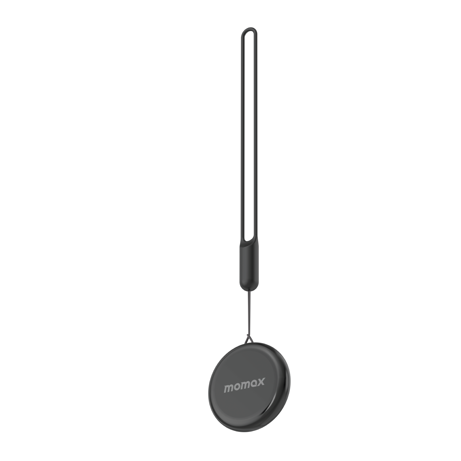 Round, black momax tag with a black lanyard. Product is against a black background. The word momax is visible.