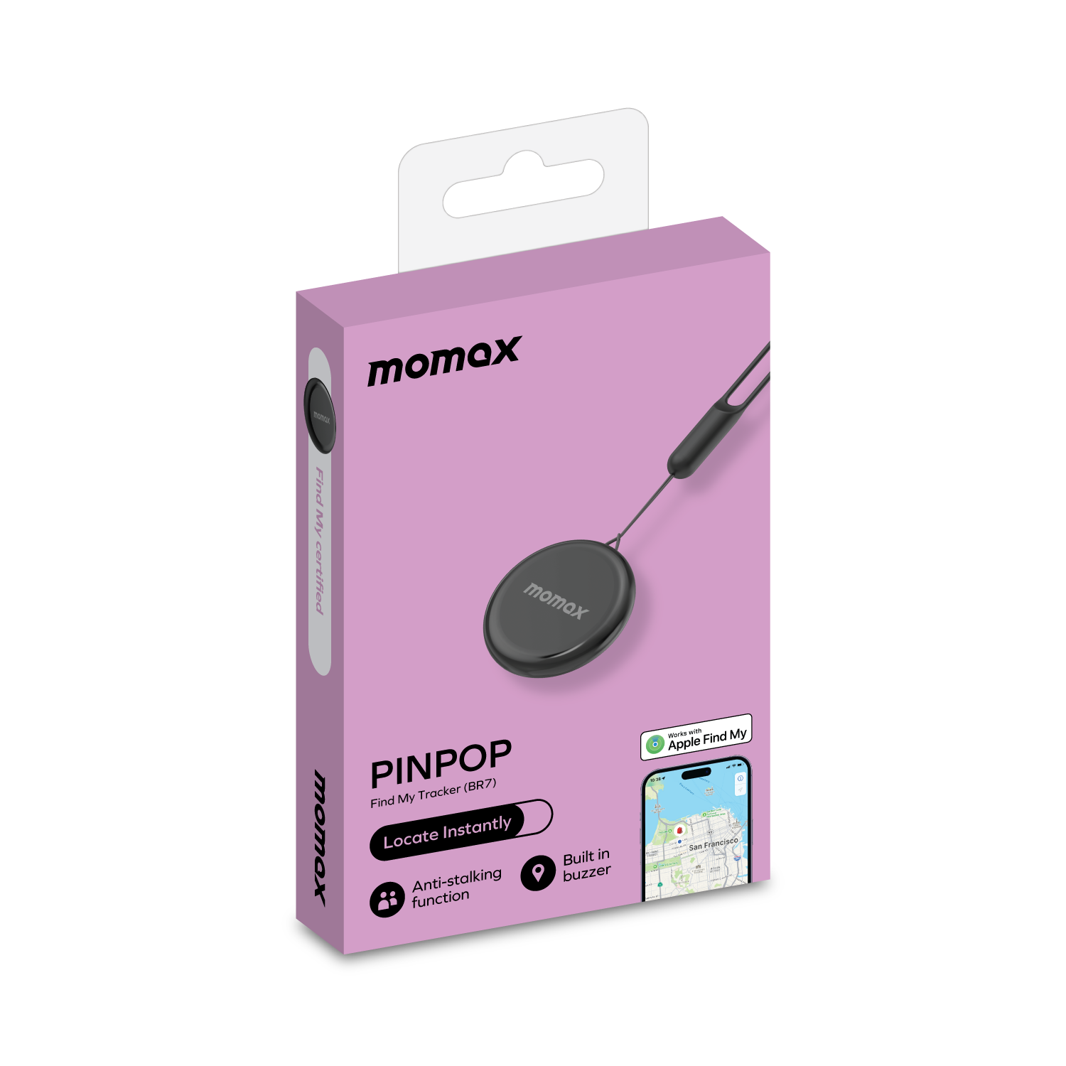 A black device with a black cord and a pink box. Text: momax PINPOP Apple Find My.