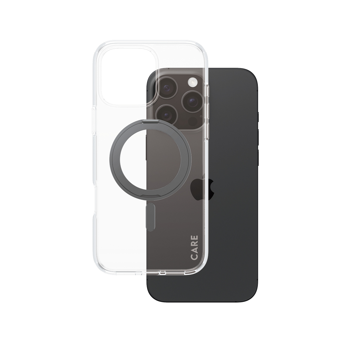 Şeffaf bir kılıf ve dairesel bir manyetik halka ile bir iPhone, beyaz bir arka plan üzerinde.