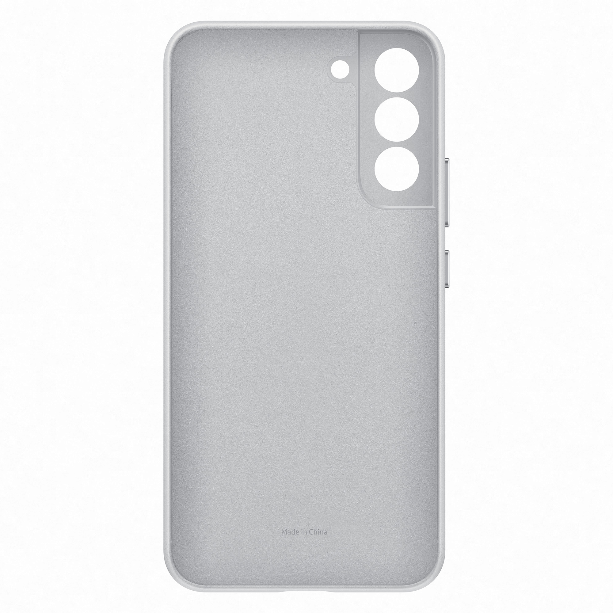 Funda de teléfono gris claro, con orificios para la cámara y botones, sobre fondo blanco.