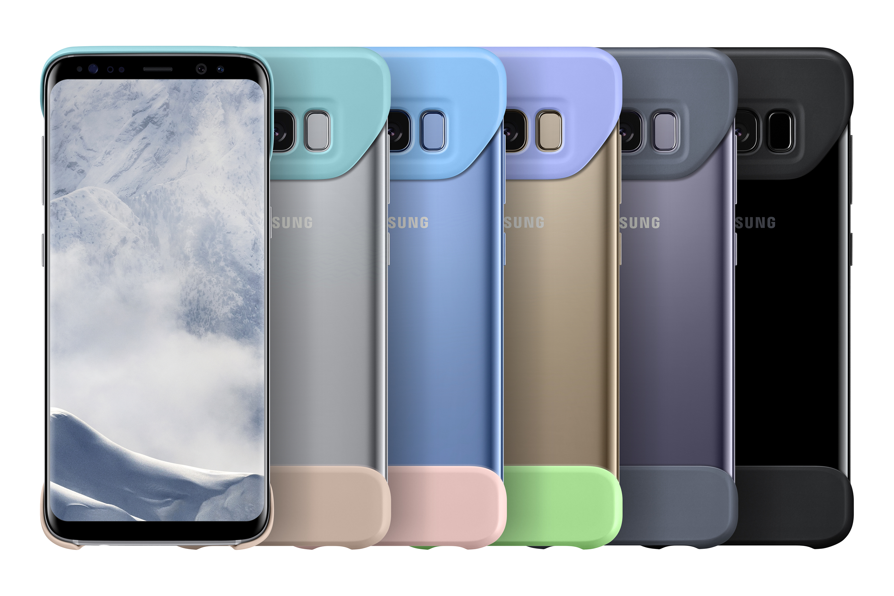 Una fila de fundas de teléfono con un teléfono. Las fundas son de diferentes colores: gris, azul, rosa, dorado, morado y negro.