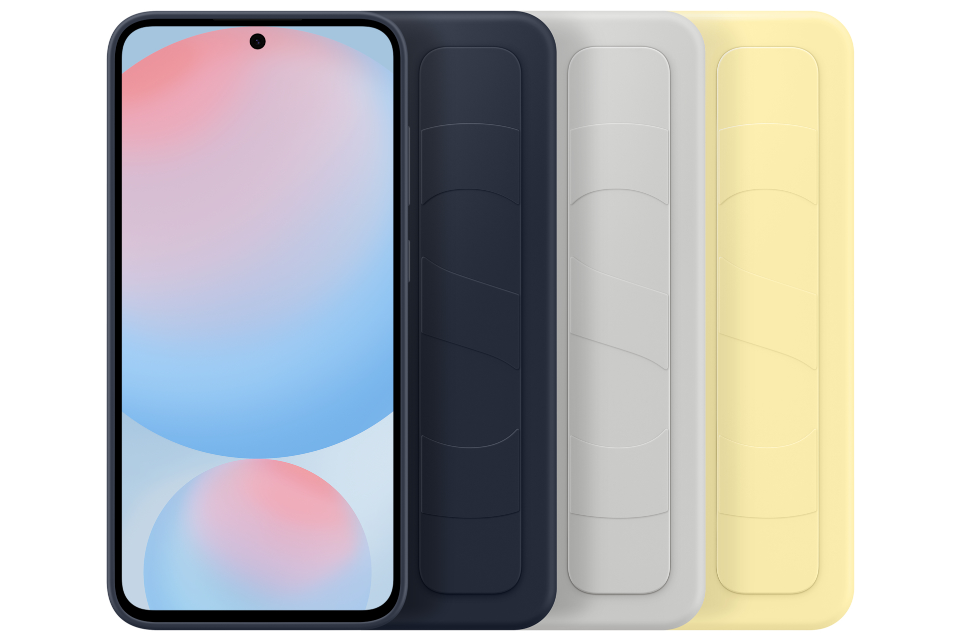 Uno smartphone con tre custodie colorate. Il telefono ha una sfumatura blu, rosa e blu.