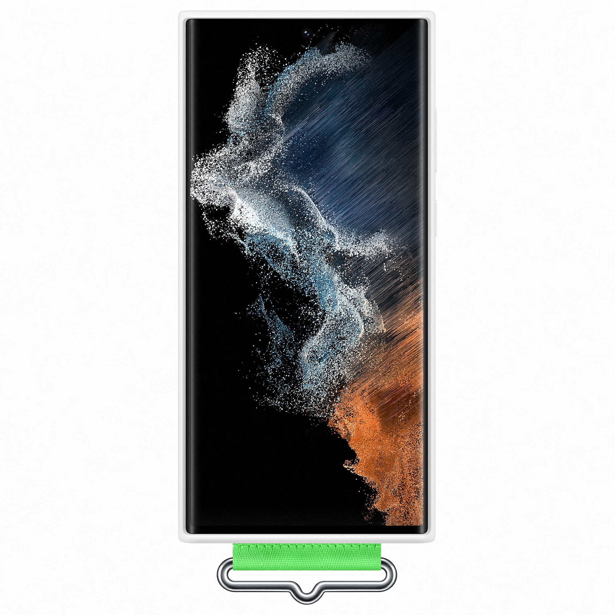 Smartphone mit farbenfrohem Bildschirm und grünem Riemen. Weißer Hintergrund.