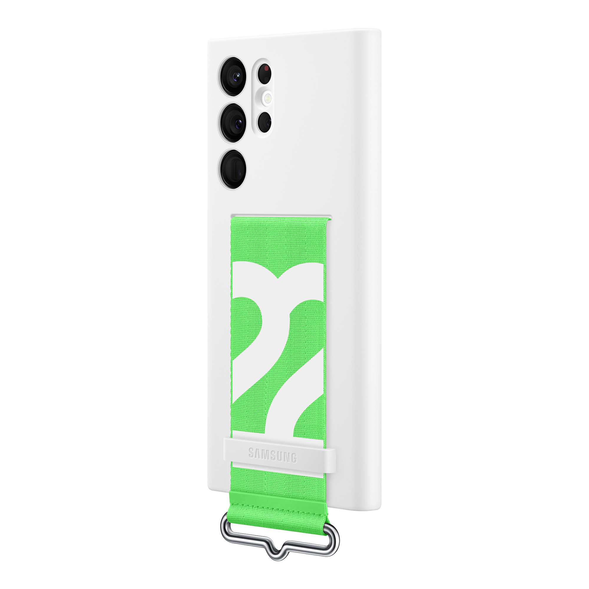 Weiße Handyhülle mit grünem Riemen und weißem Samsung-Logo. Die Rückseite hat mehrere Kameras.