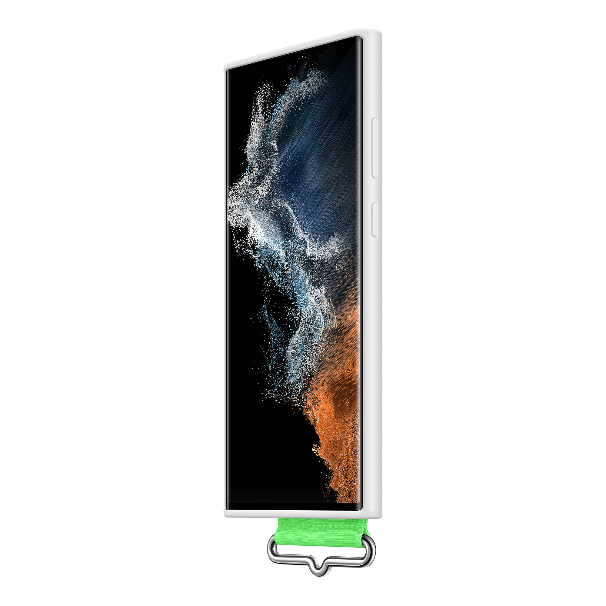 Weißes Handycase mit grünem Band und Telefon.