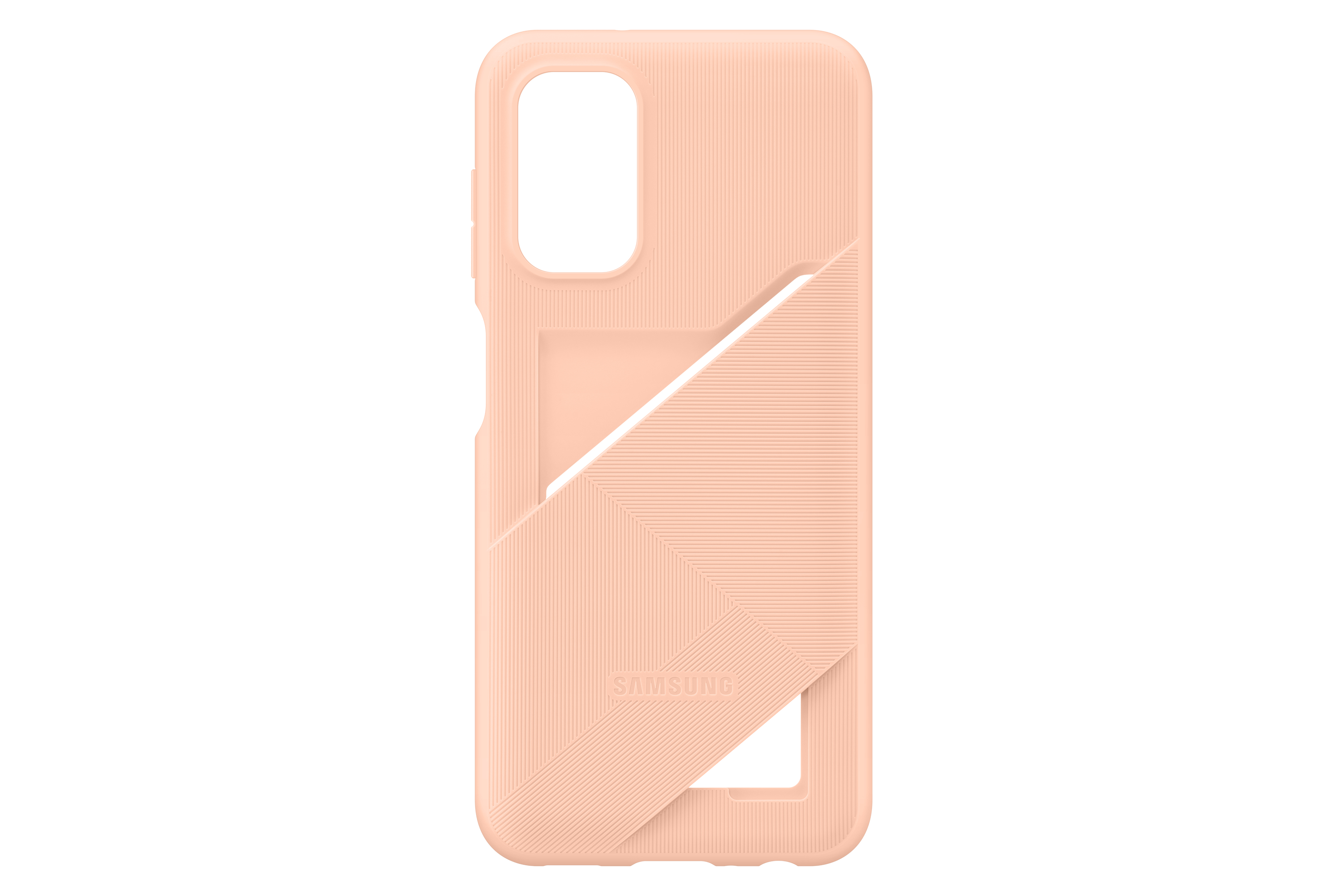 Una funda de teléfono color melocotón con tarjetero, sobre fondo blanco.