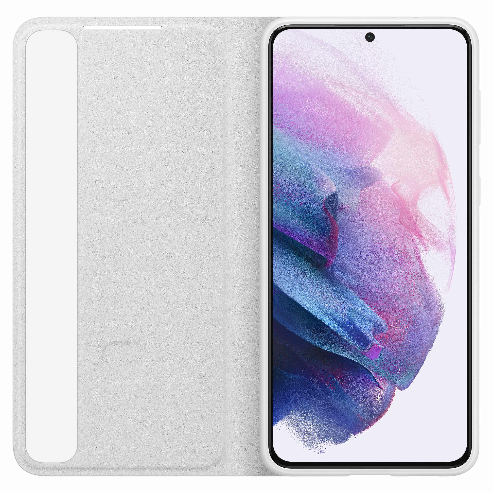 Funda de teléfono blanca con teléfono dentro. La pantalla del teléfono es visible. La funda está abierta, mostrando el interior.