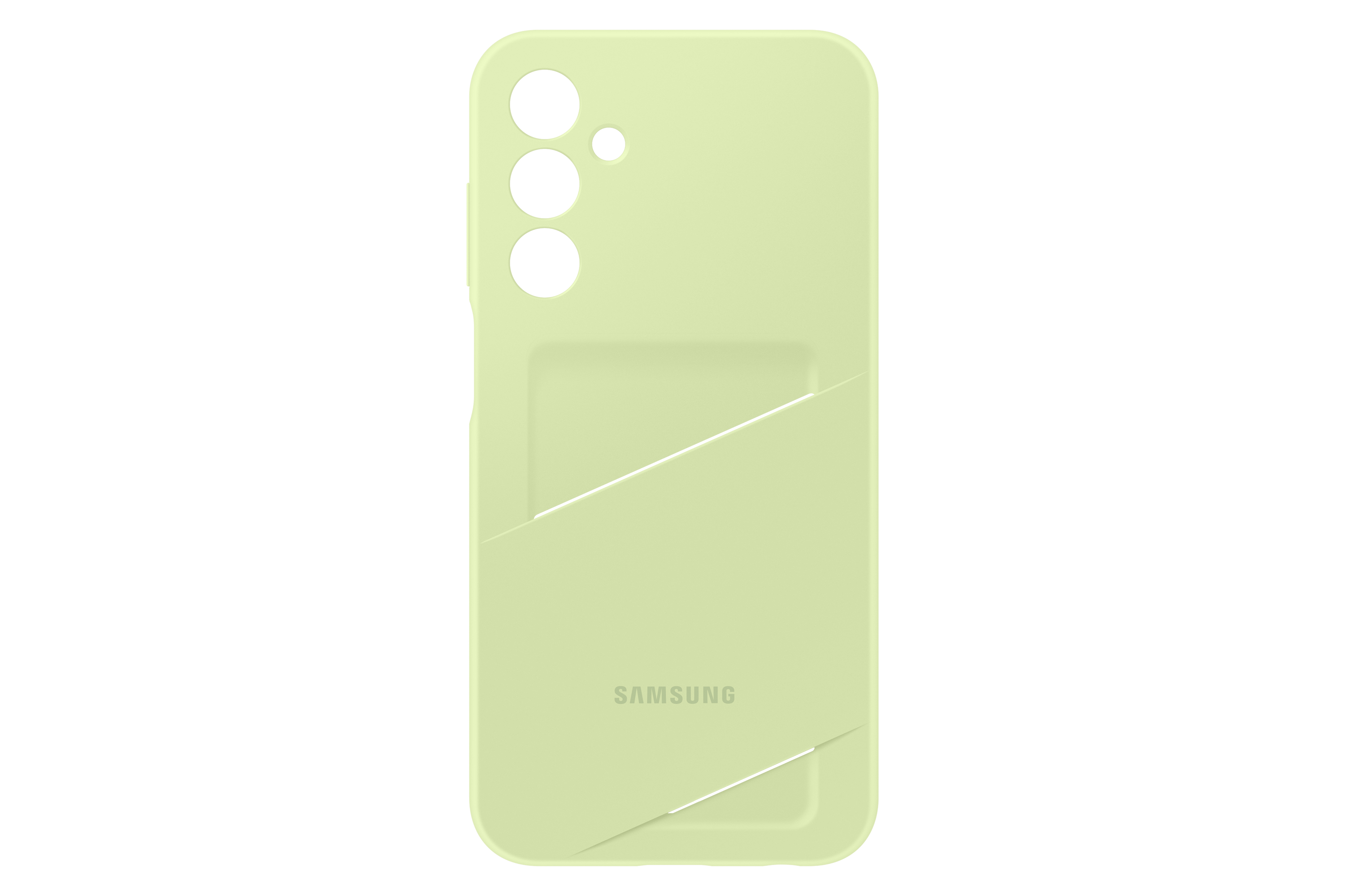 Un étui de téléphone vert clair. Il a une découpe pour la caméra et le logo Samsung est imprimé.