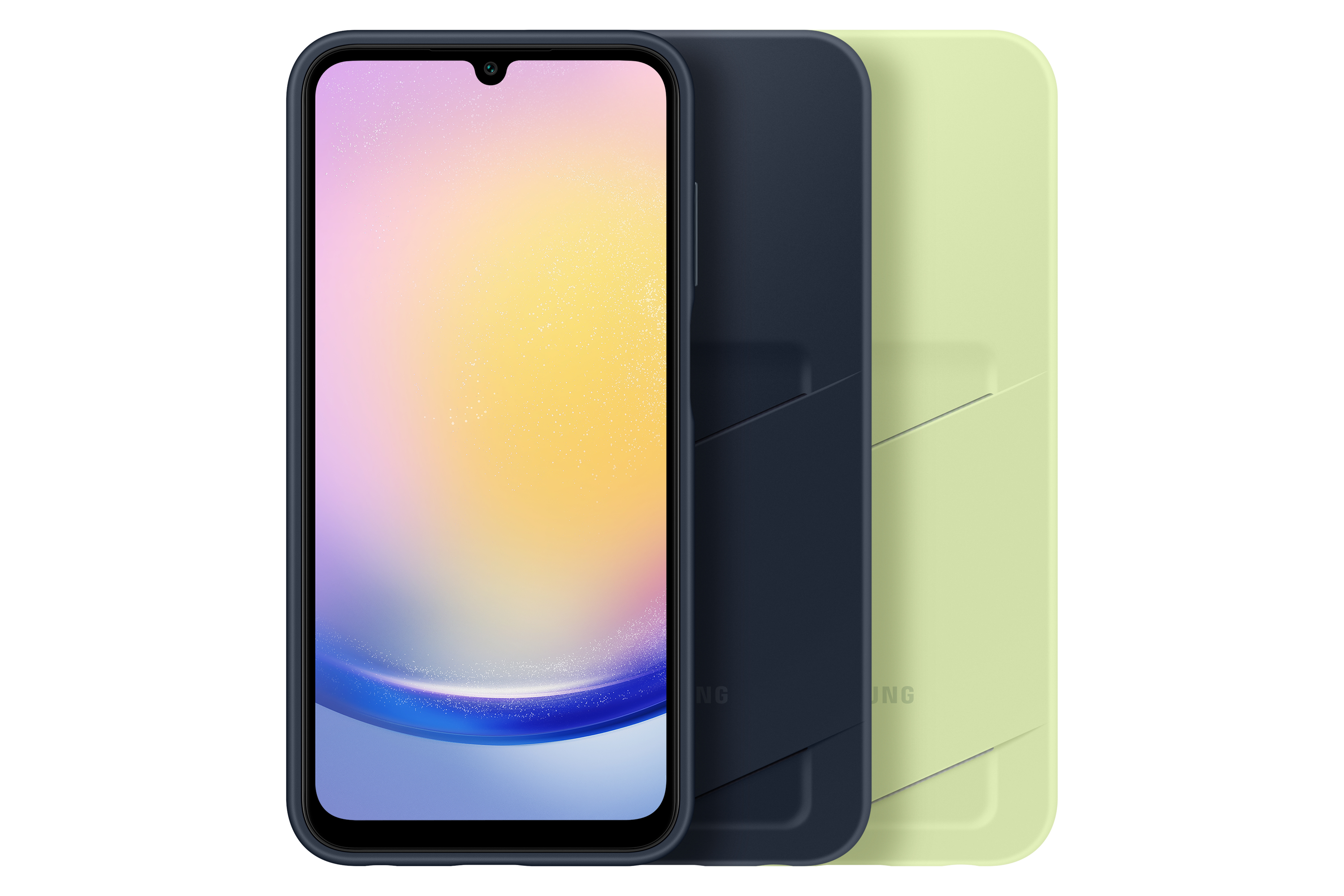 Smartphone avec trois coques. Le téléphone est sur la coque avant. Les deux autres coques sont à côté.