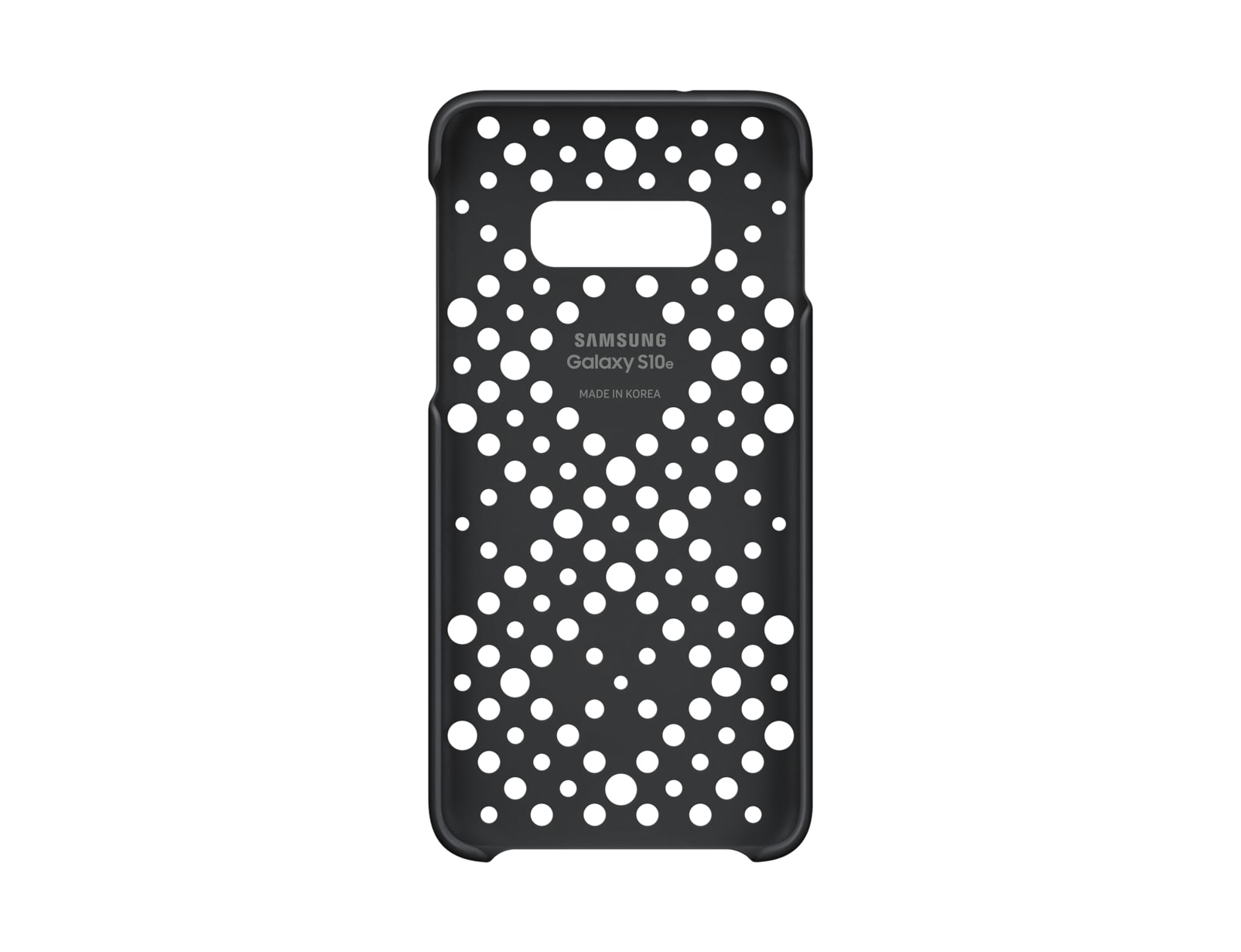 Coque de téléphone noire à pois blancs, avec la marque Samsung Galaxy S10e.