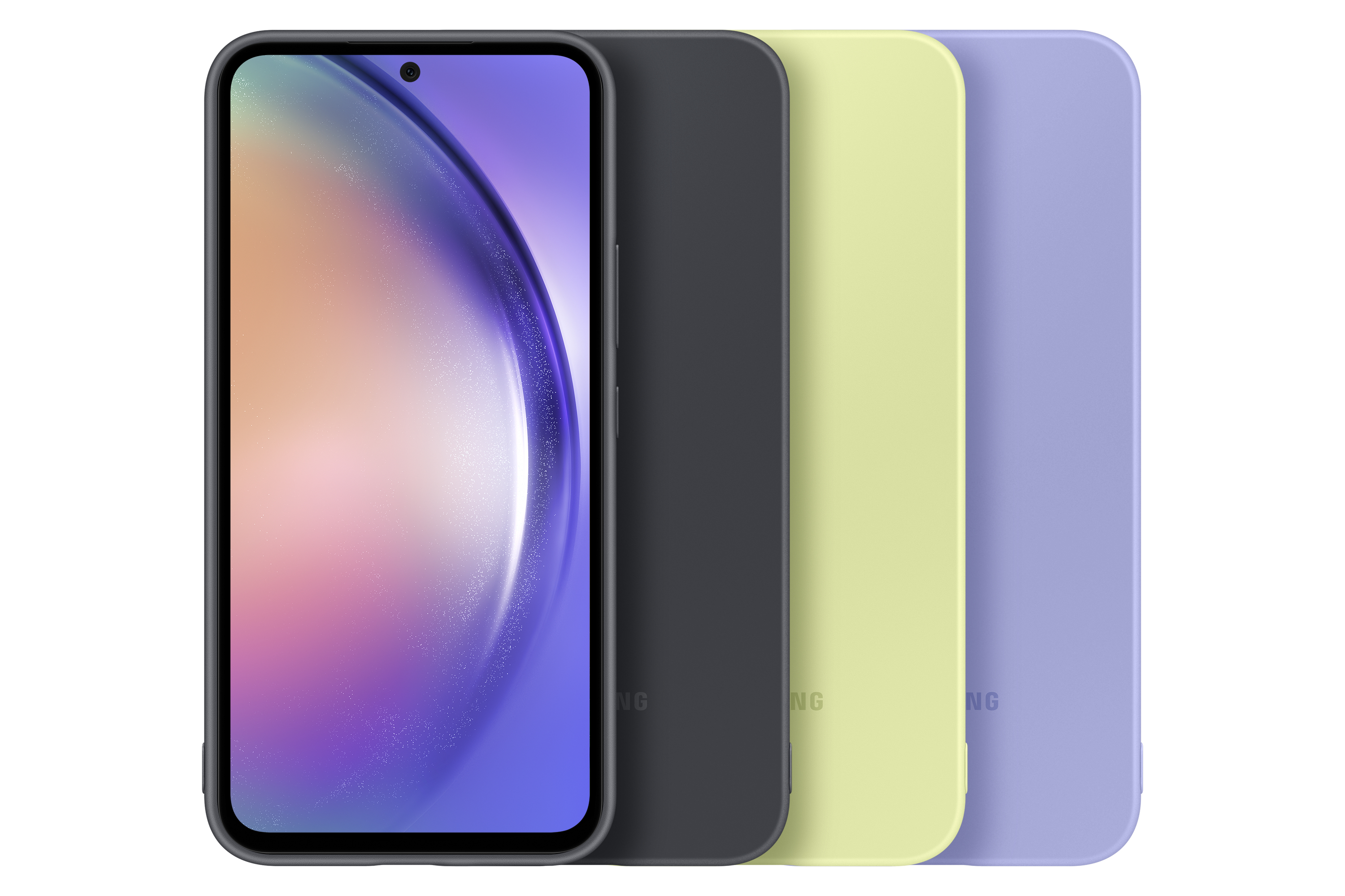 Tre smartphone in nero, grigio scuro, giallo e viola, su sfondo bianco.
