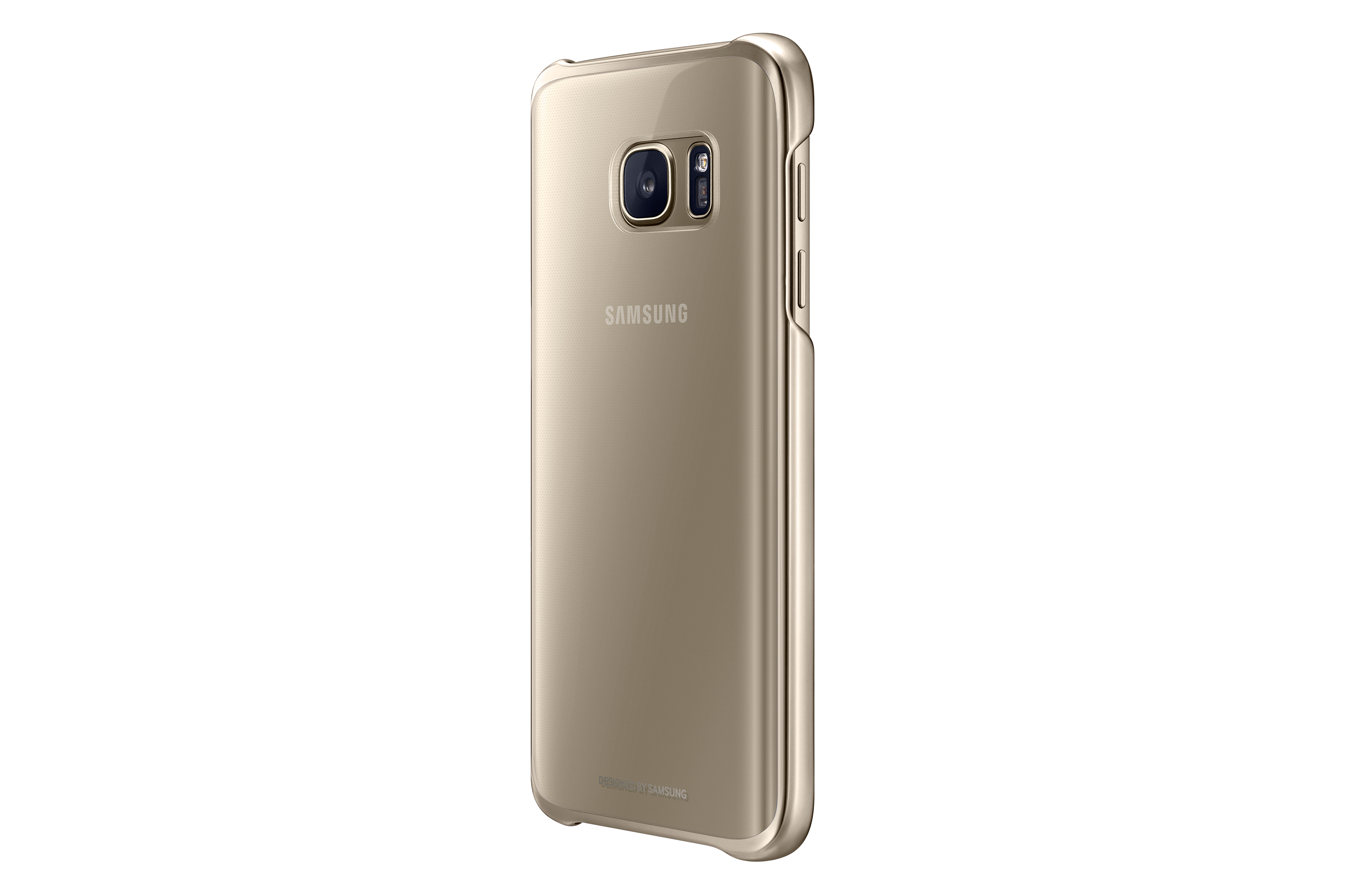 Una custodia dorata per telefono su un telefono. Il telefono ha una fotocamera sul retro. La custodia dice 'Designed by Samsung'.