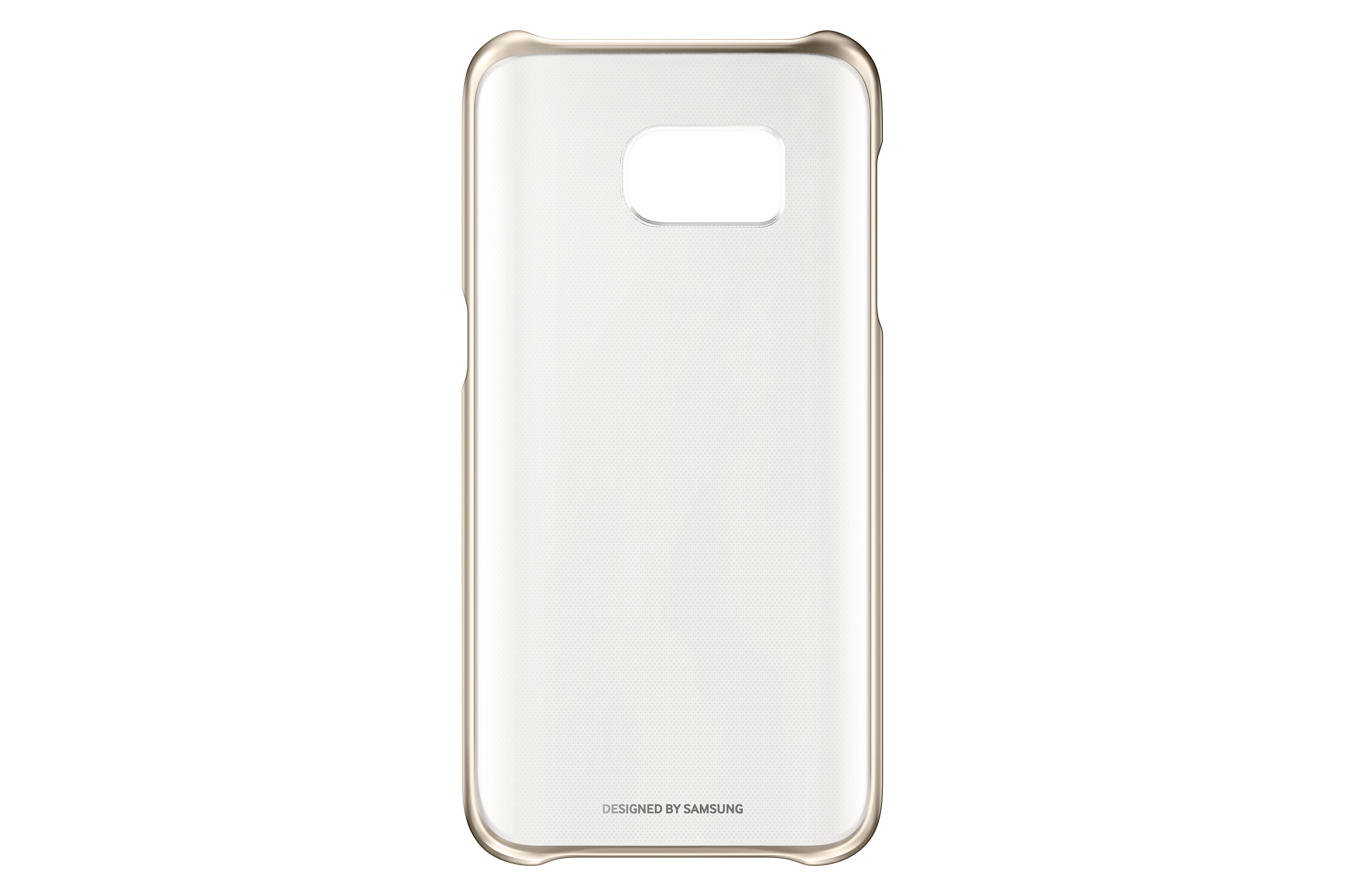 Custodia trasparente per telefono con cornice dorata. Designed by Samsung stampato in basso.